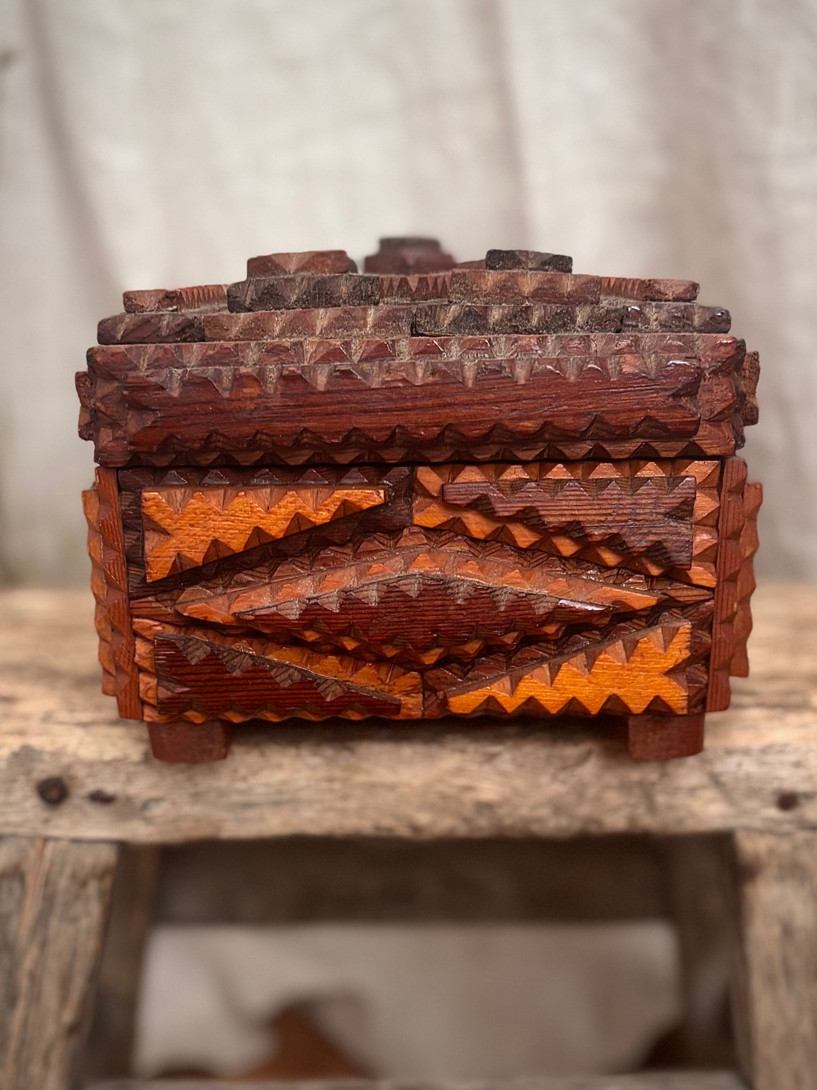 Antique Victorian Tramp Art Box with Floral Silk Lining