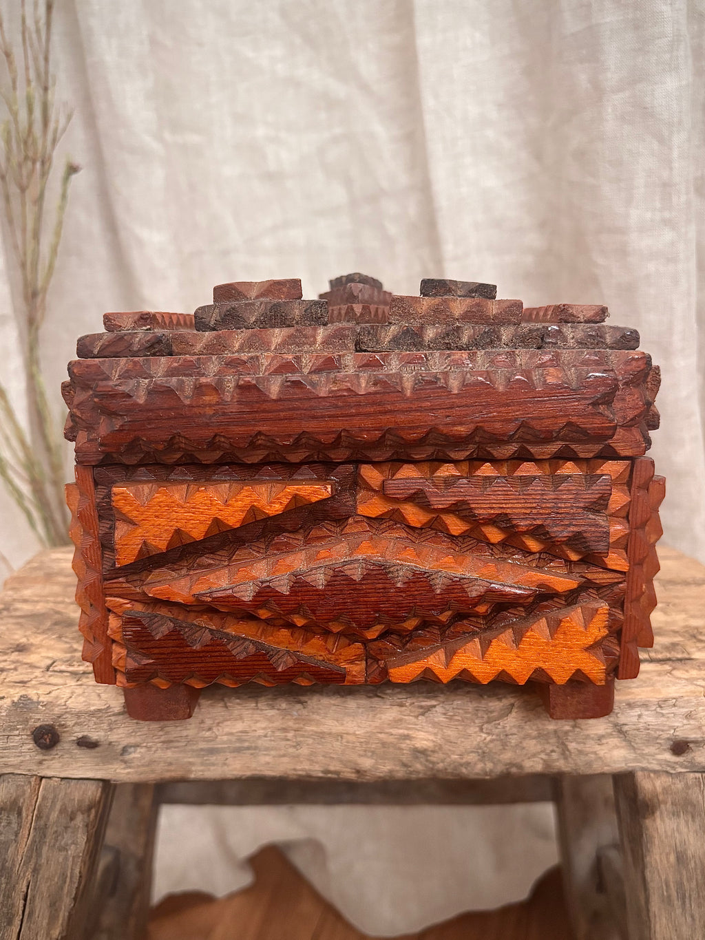 Antique Victorian Tramp Art Box with Floral Silk Lining