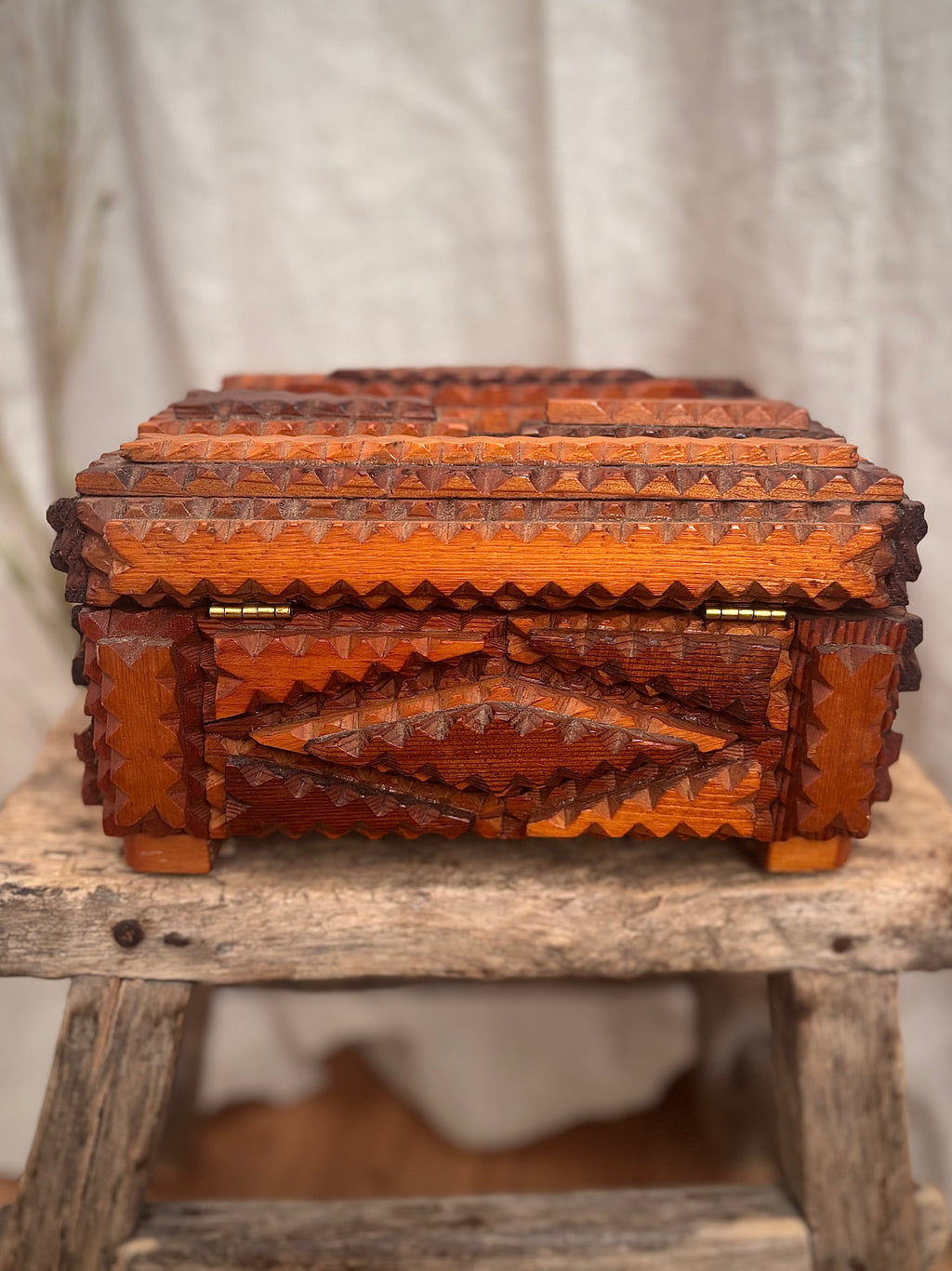 Antique Victorian Tramp Art Box with Floral Silk Lining