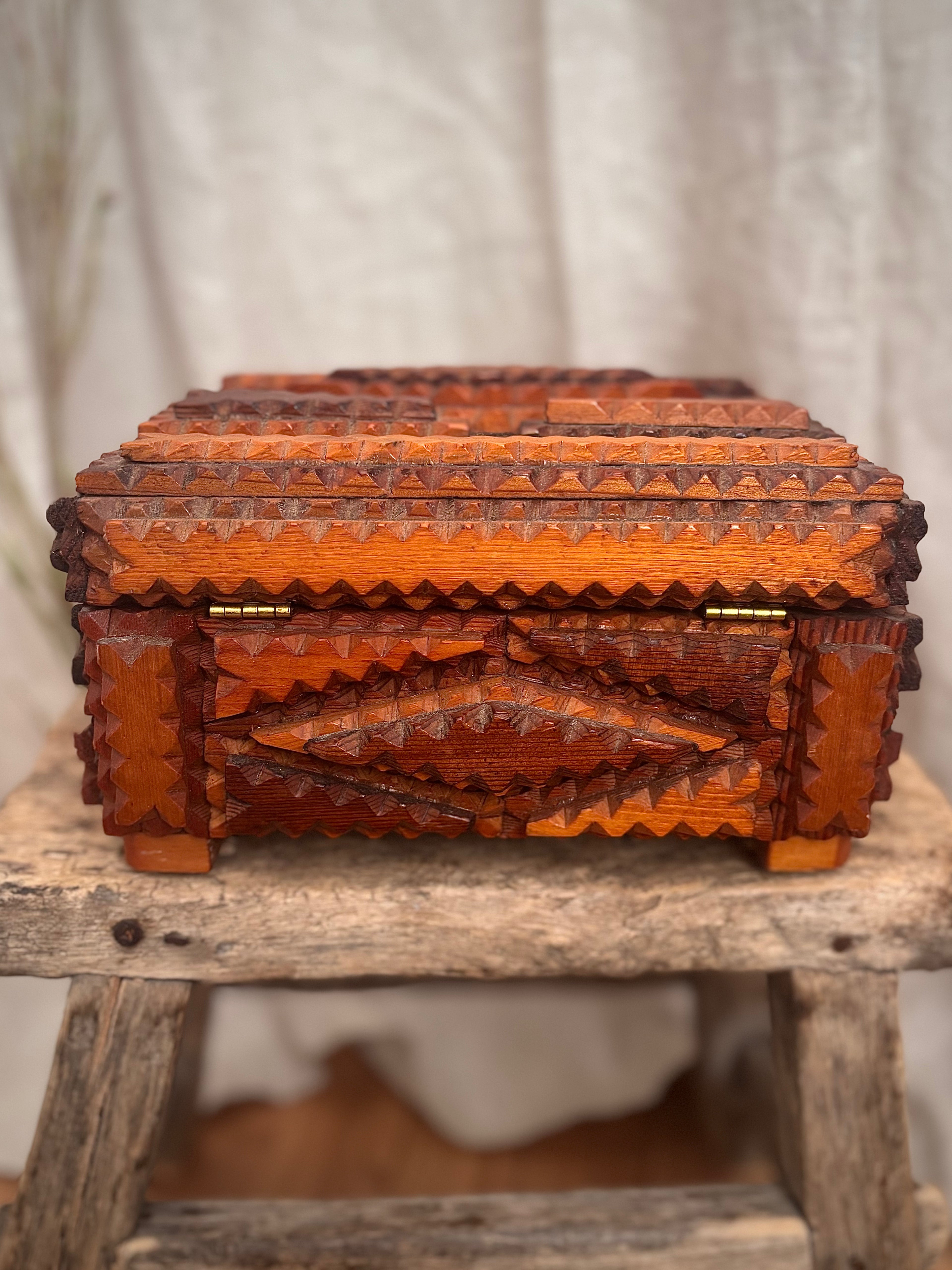 Antique Victorian Tramp Art Box with Floral Silk Lining