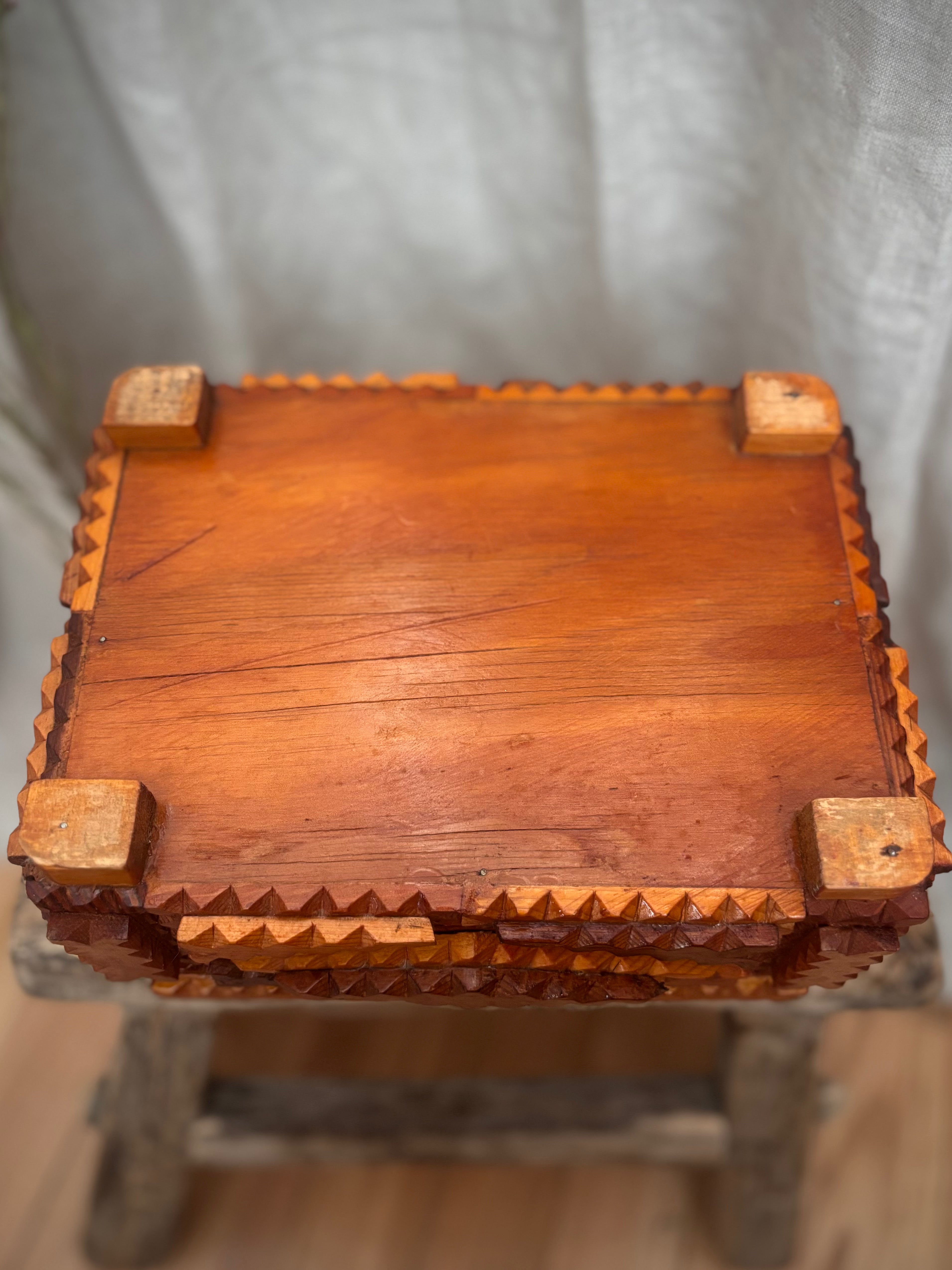 Antique Victorian Tramp Art Box with Floral Silk Lining