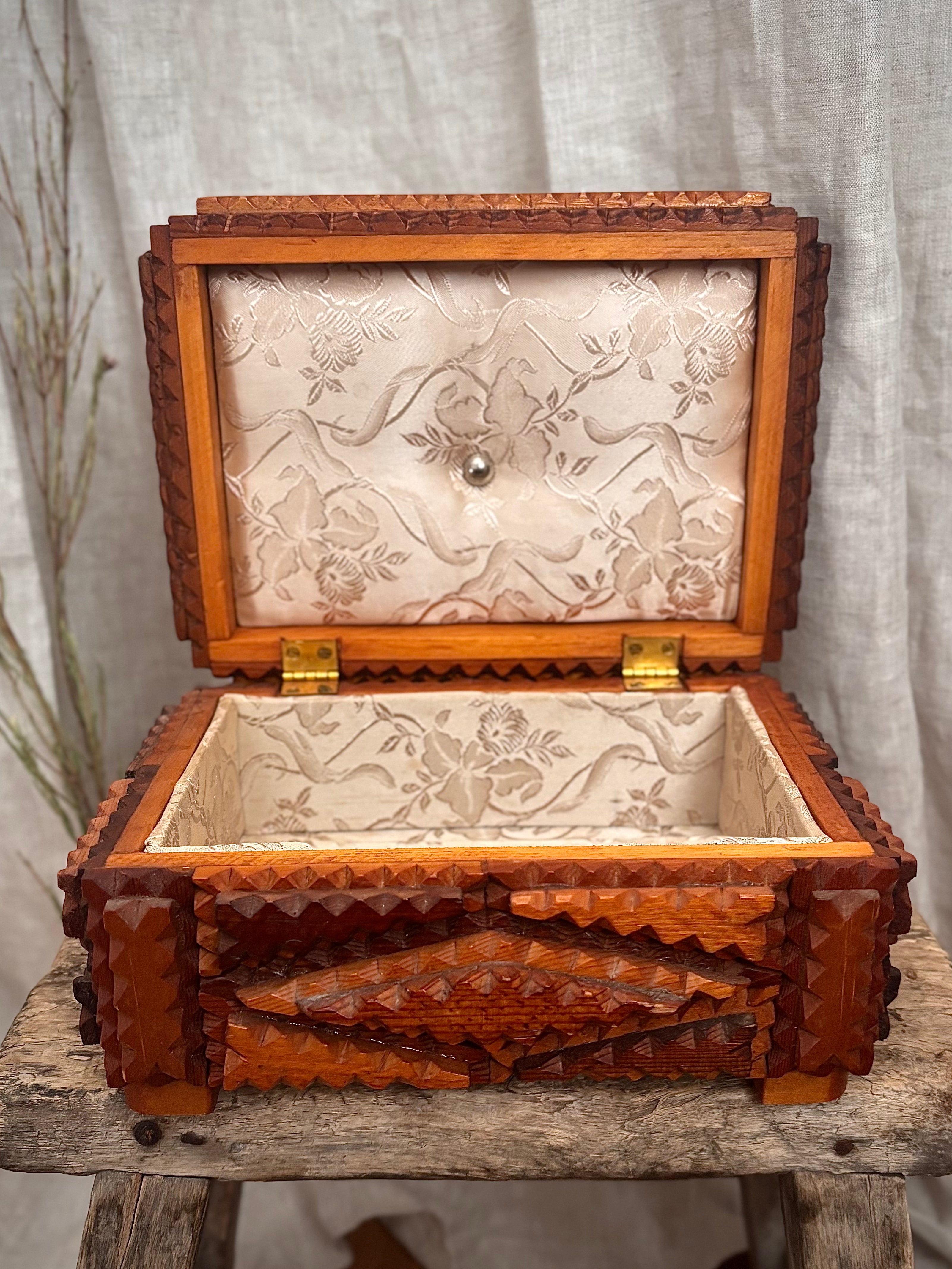 Antique Victorian Tramp Art Box with Floral Silk Lining