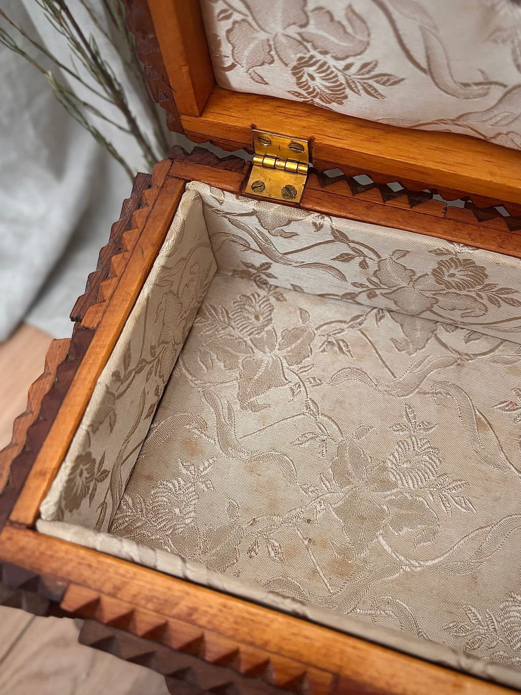 Antique Victorian Tramp Art Box with Floral Silk Lining