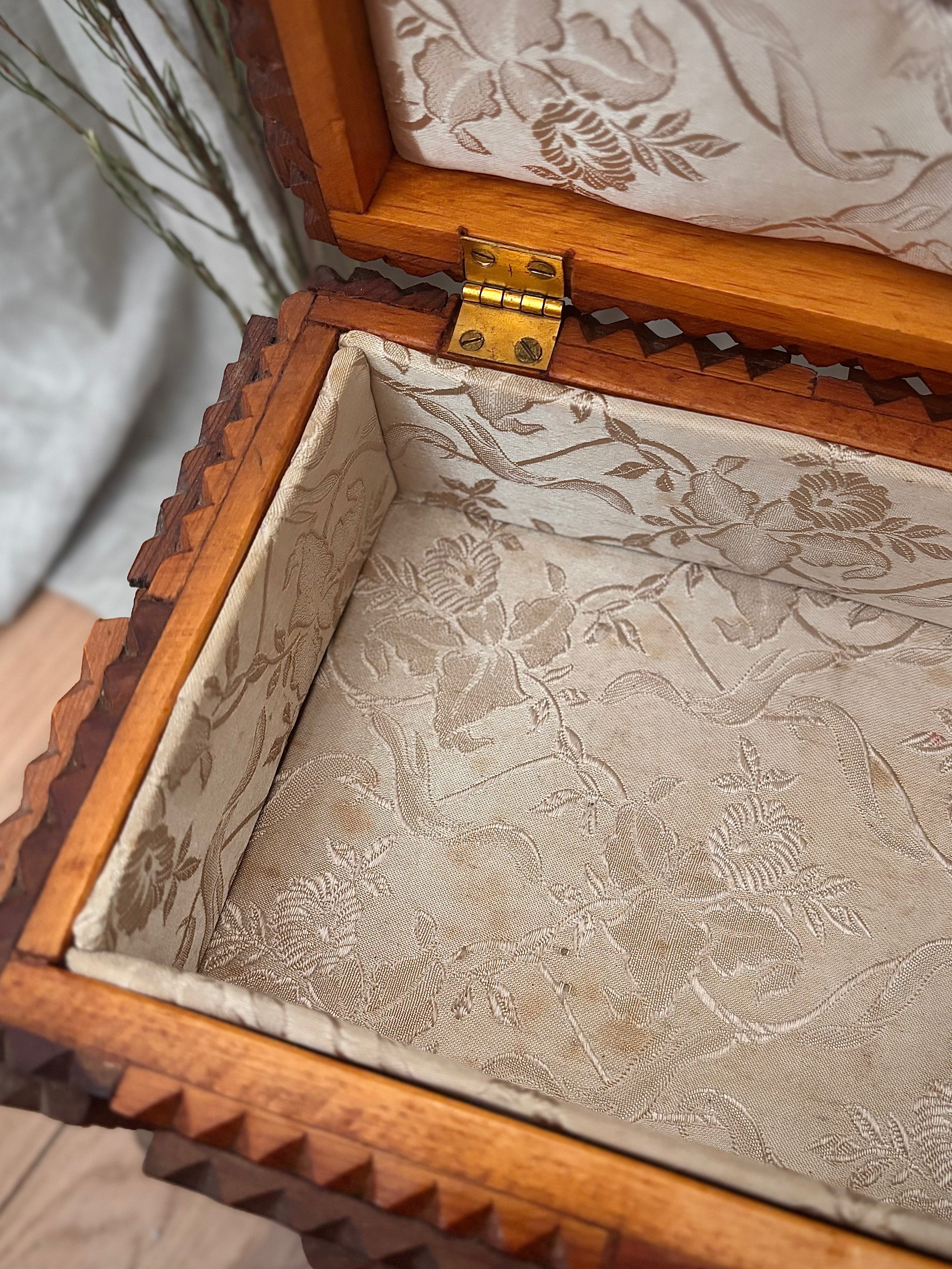 Antique Victorian Tramp Art Box with Floral Silk Lining