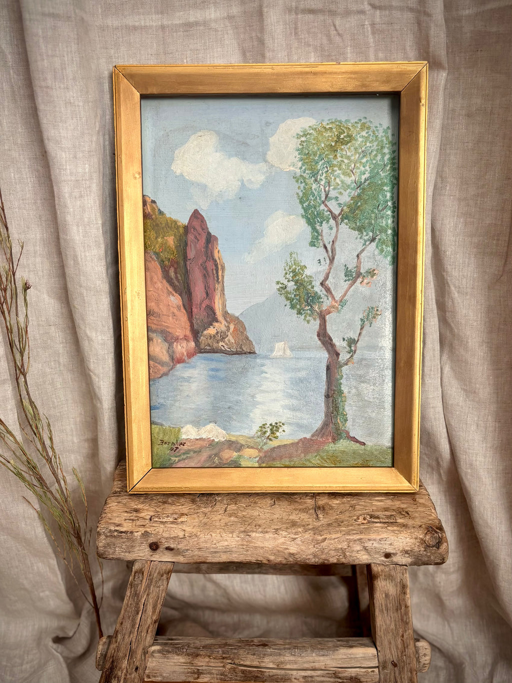 Vintage European Lake Landscape Oil Painting