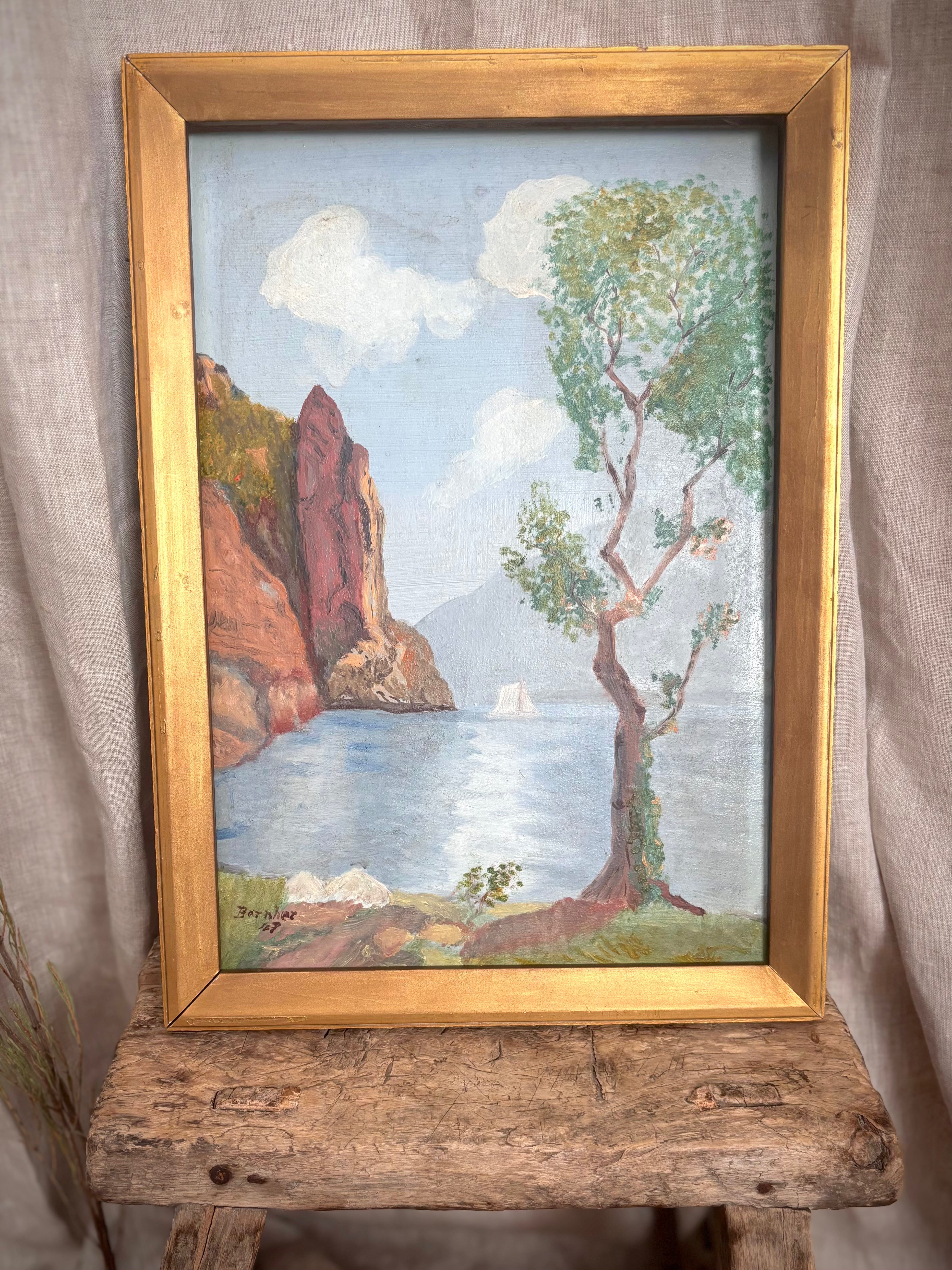 Vintage European Lake Landscape Oil Painting
