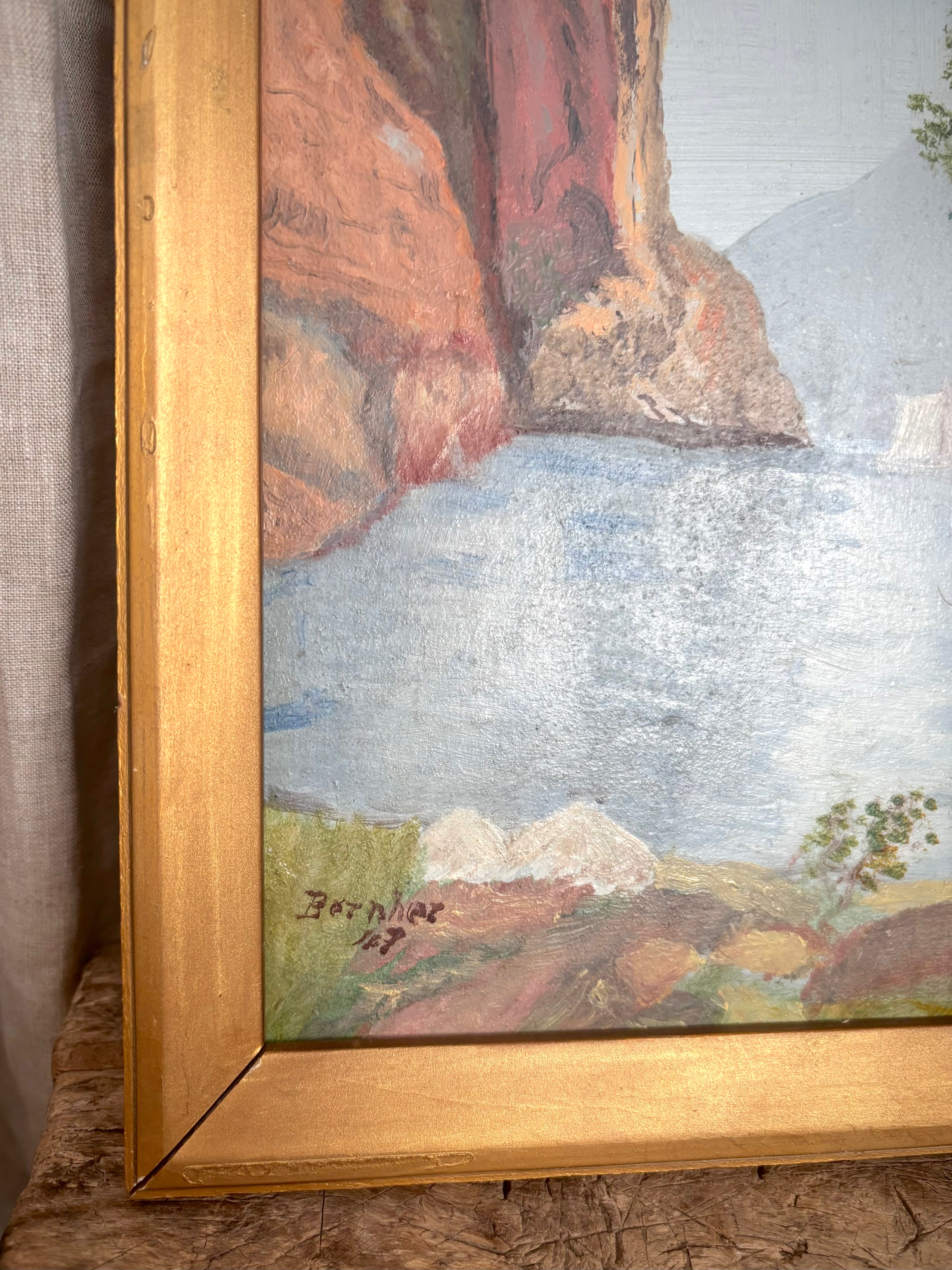 Vintage European Lake Landscape Oil Painting