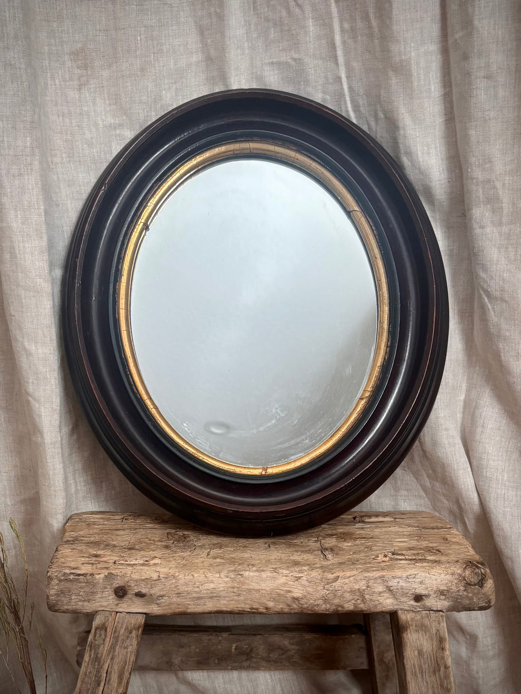 Antique French Napoleon III Oval Mirror With Brown Wood Frame
