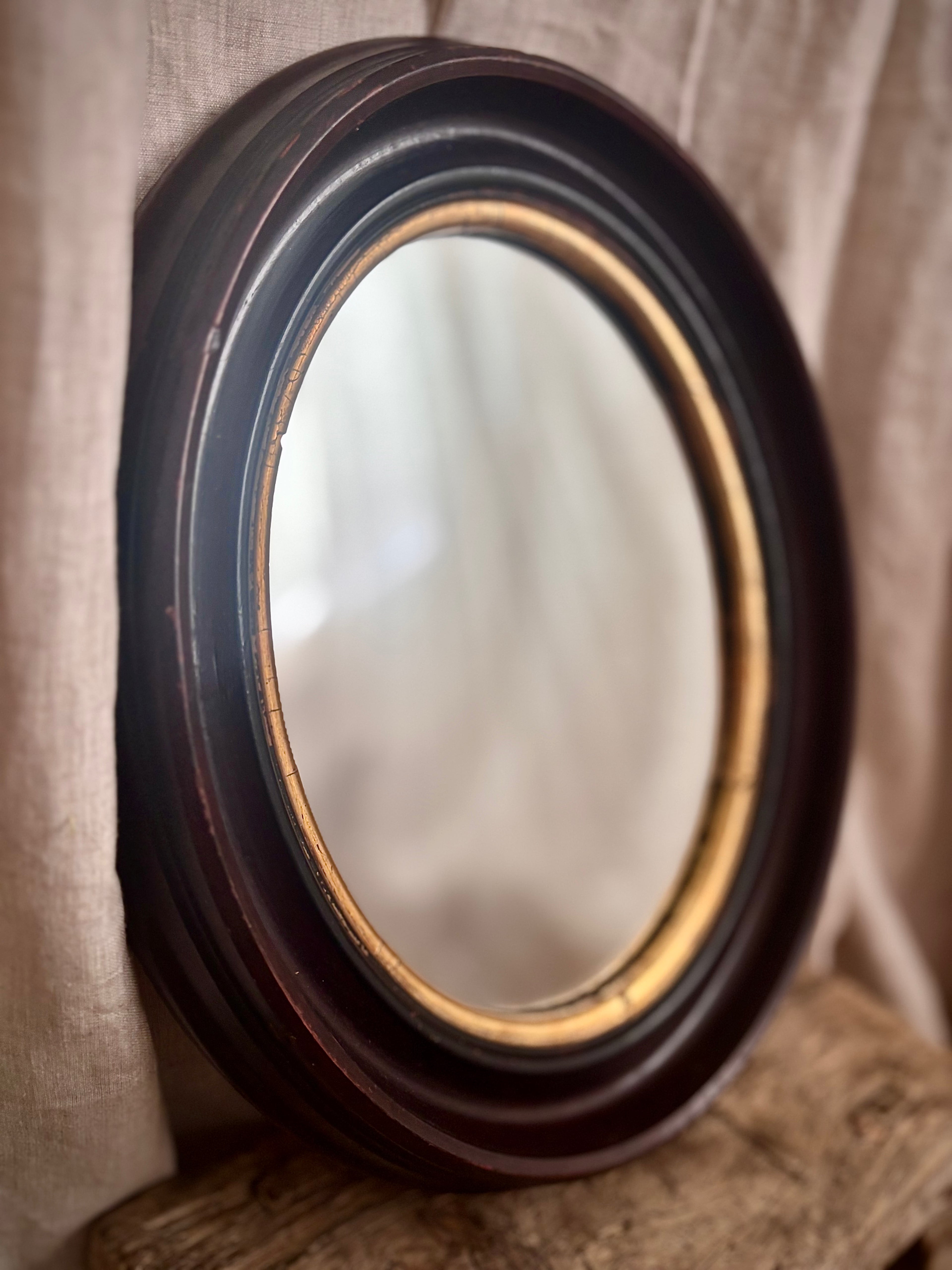 Antique French Napoleon III Oval Mirror With Brown Wood Frame