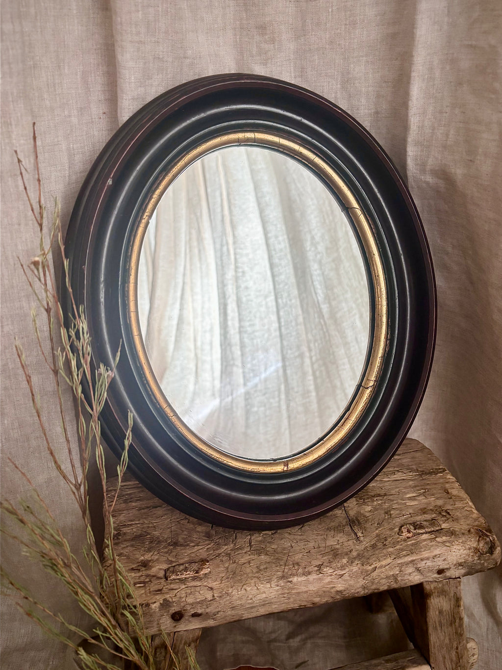 Antique French Napoleon III Oval Mirror With Brown Wood Frame