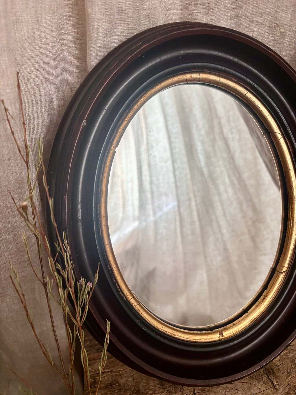 Antique French Napoleon III Oval Mirror With Brown Wood Frame