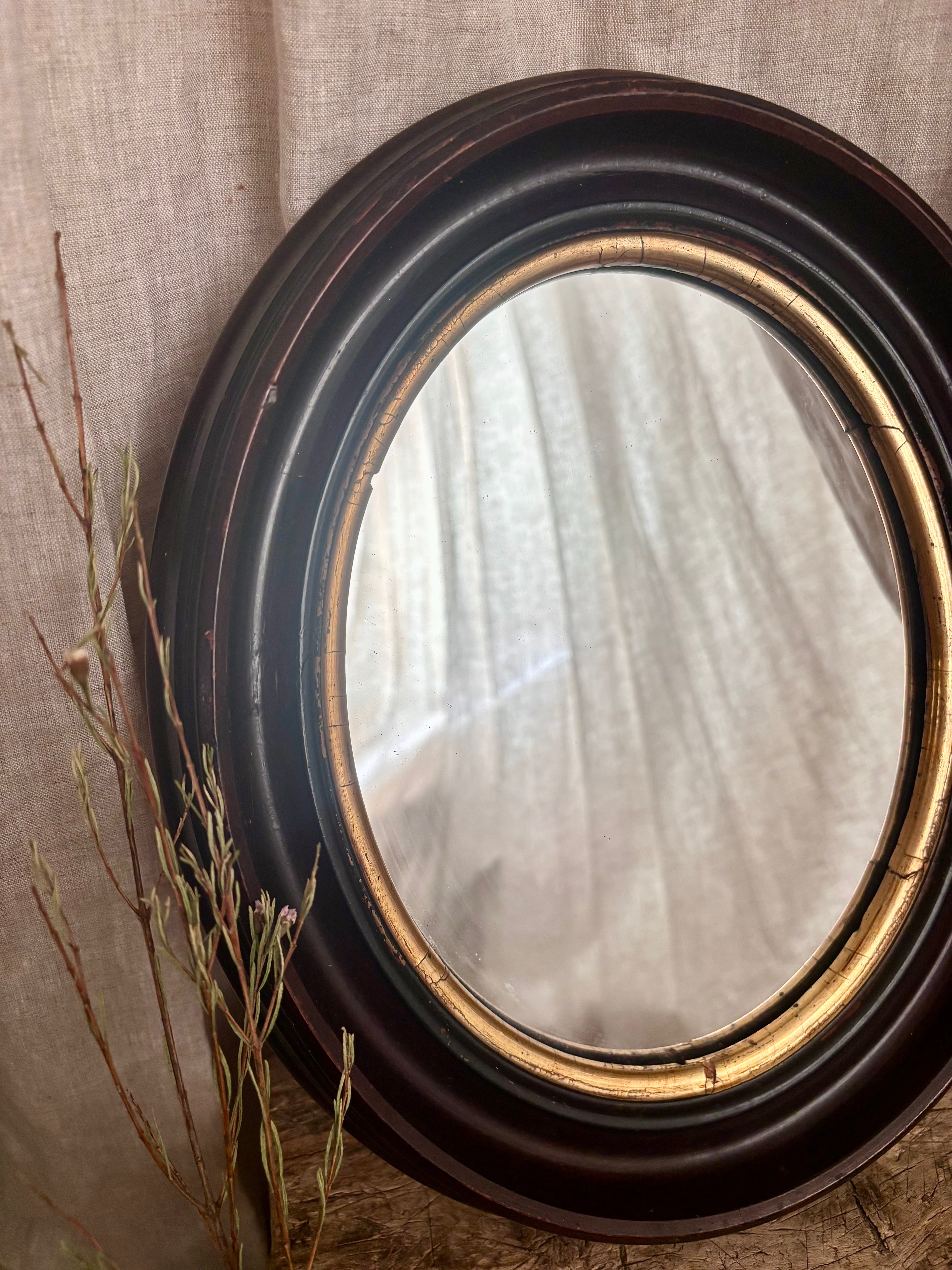 Antique French Napoleon III Oval Mirror With Brown Wood Frame