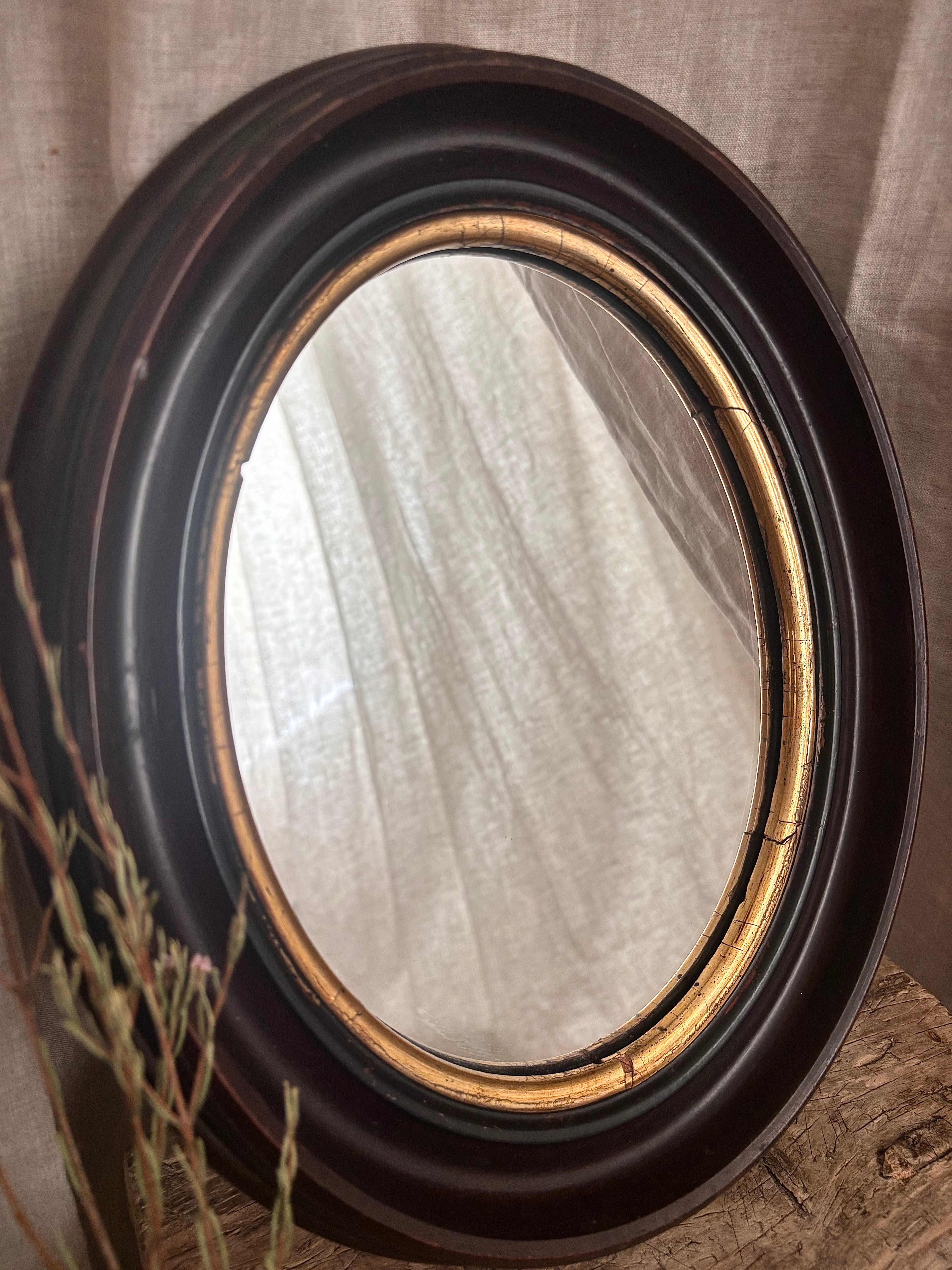 Antique French Napoleon III Oval Mirror With Brown Wood Frame