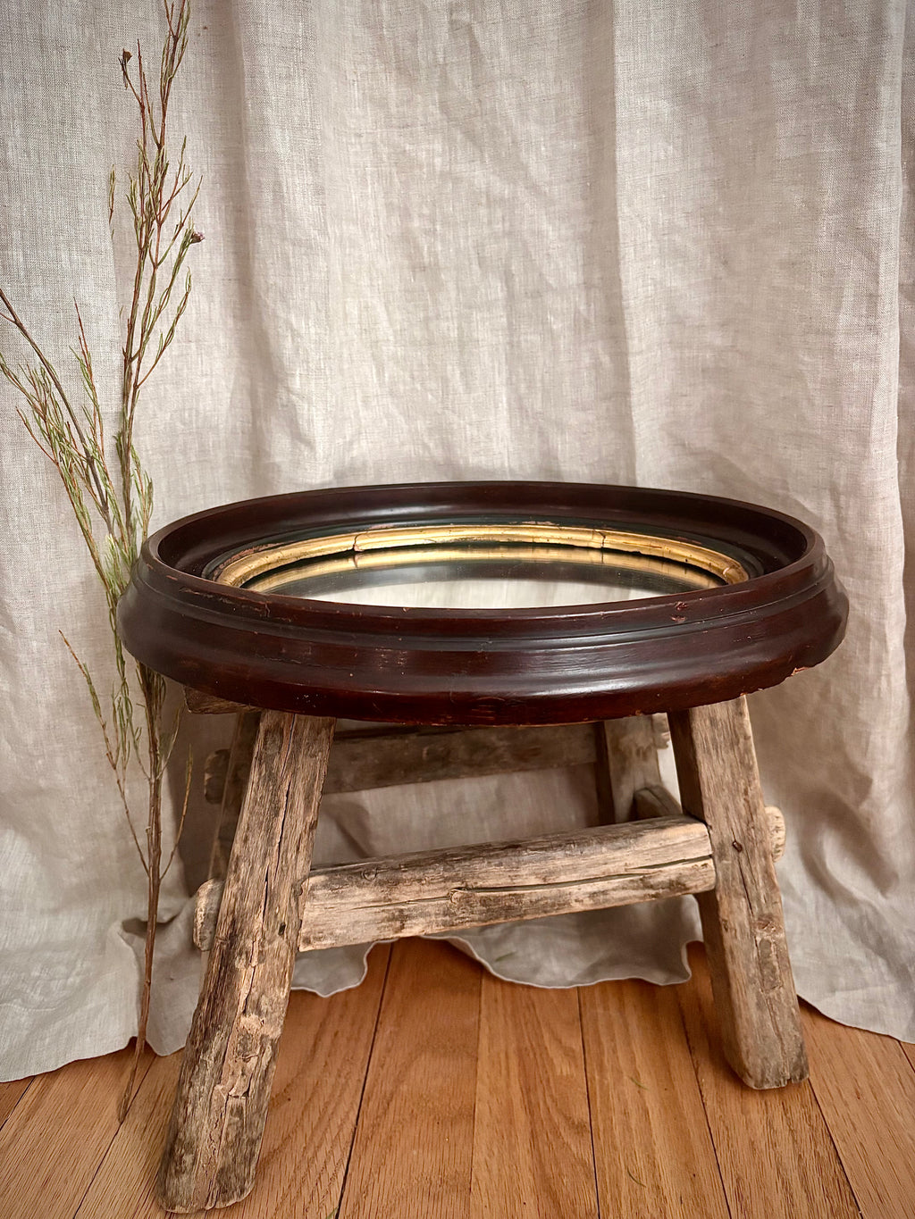 Antique French Napoleon III Oval Mirror With Brown Wood Frame