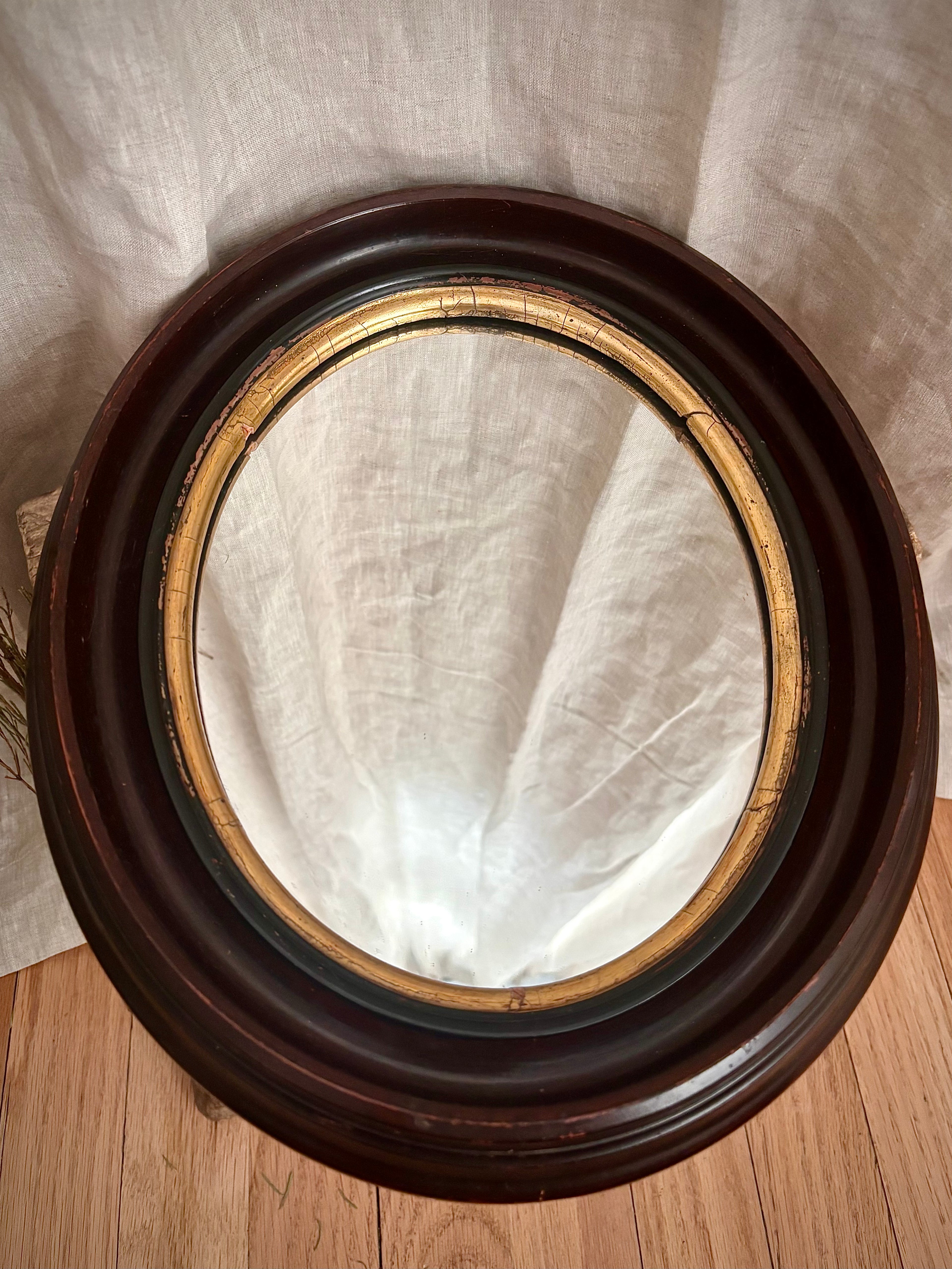 Antique French Napoleon III Oval Mirror With Brown Wood Frame
