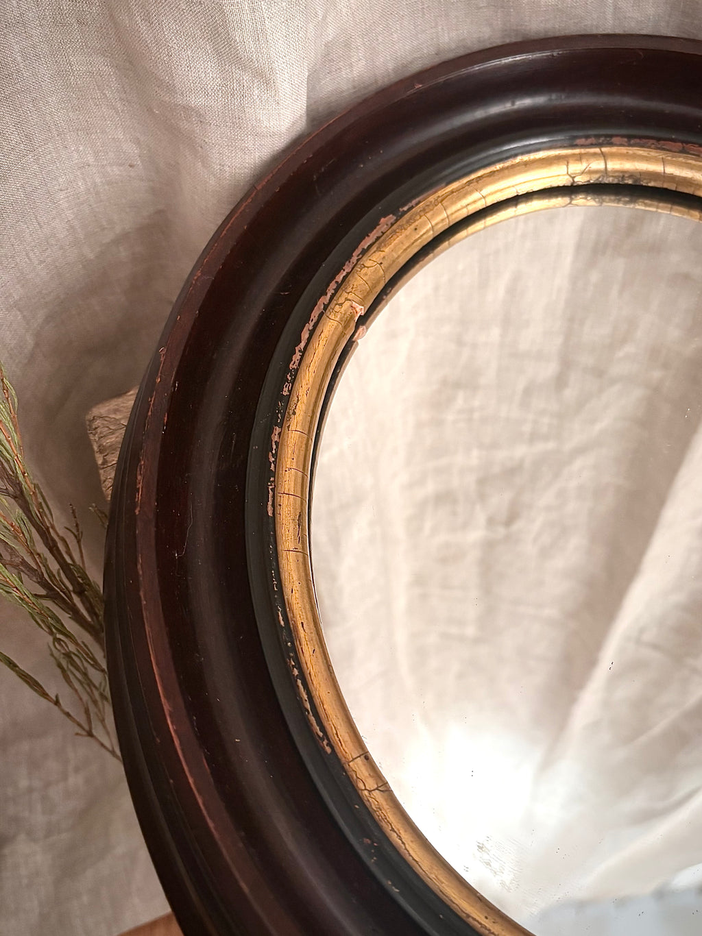 Antique French Napoleon III Oval Mirror With Brown Wood Frame