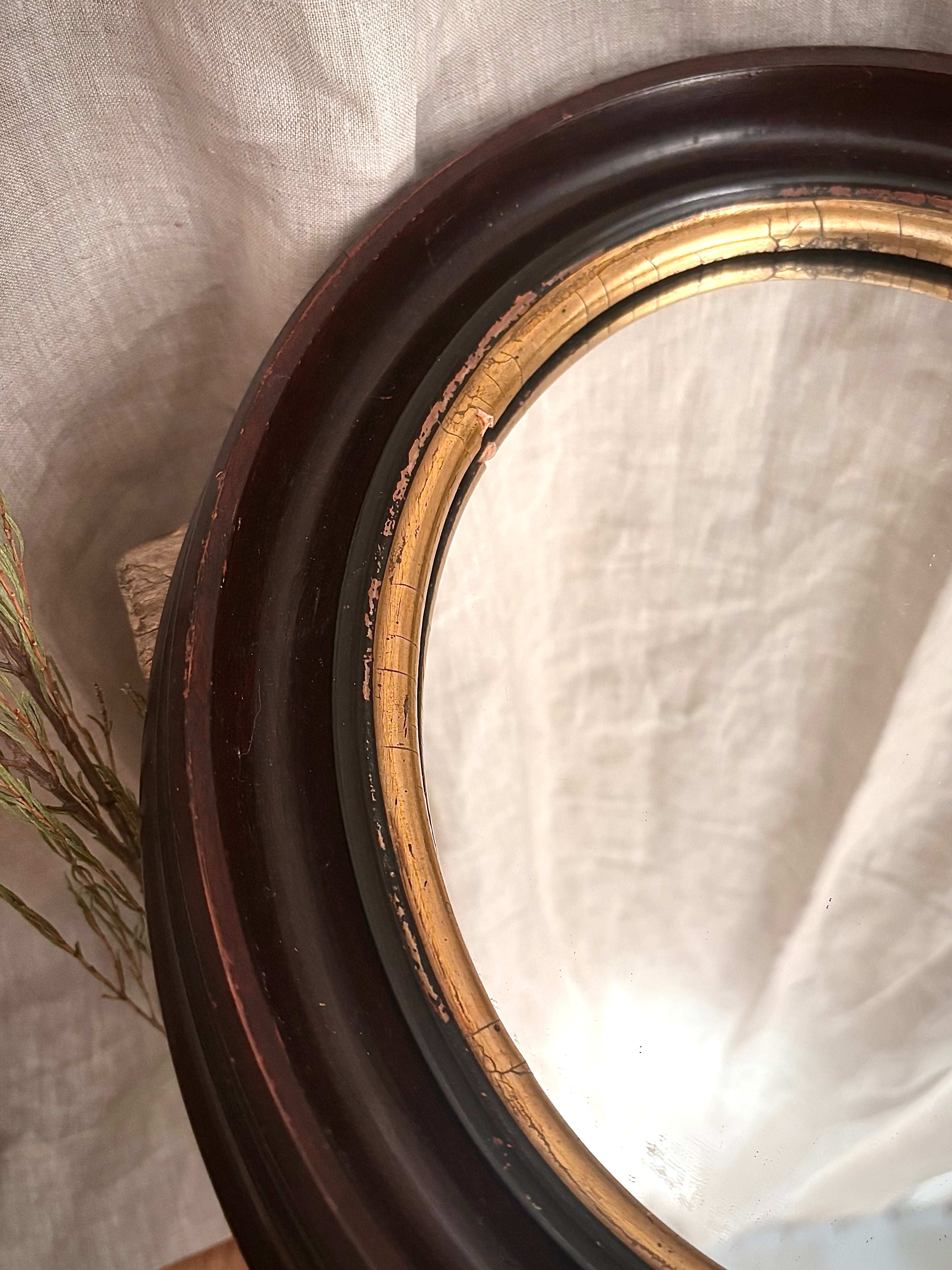 Antique French Napoleon III Oval Mirror With Brown Wood Frame
