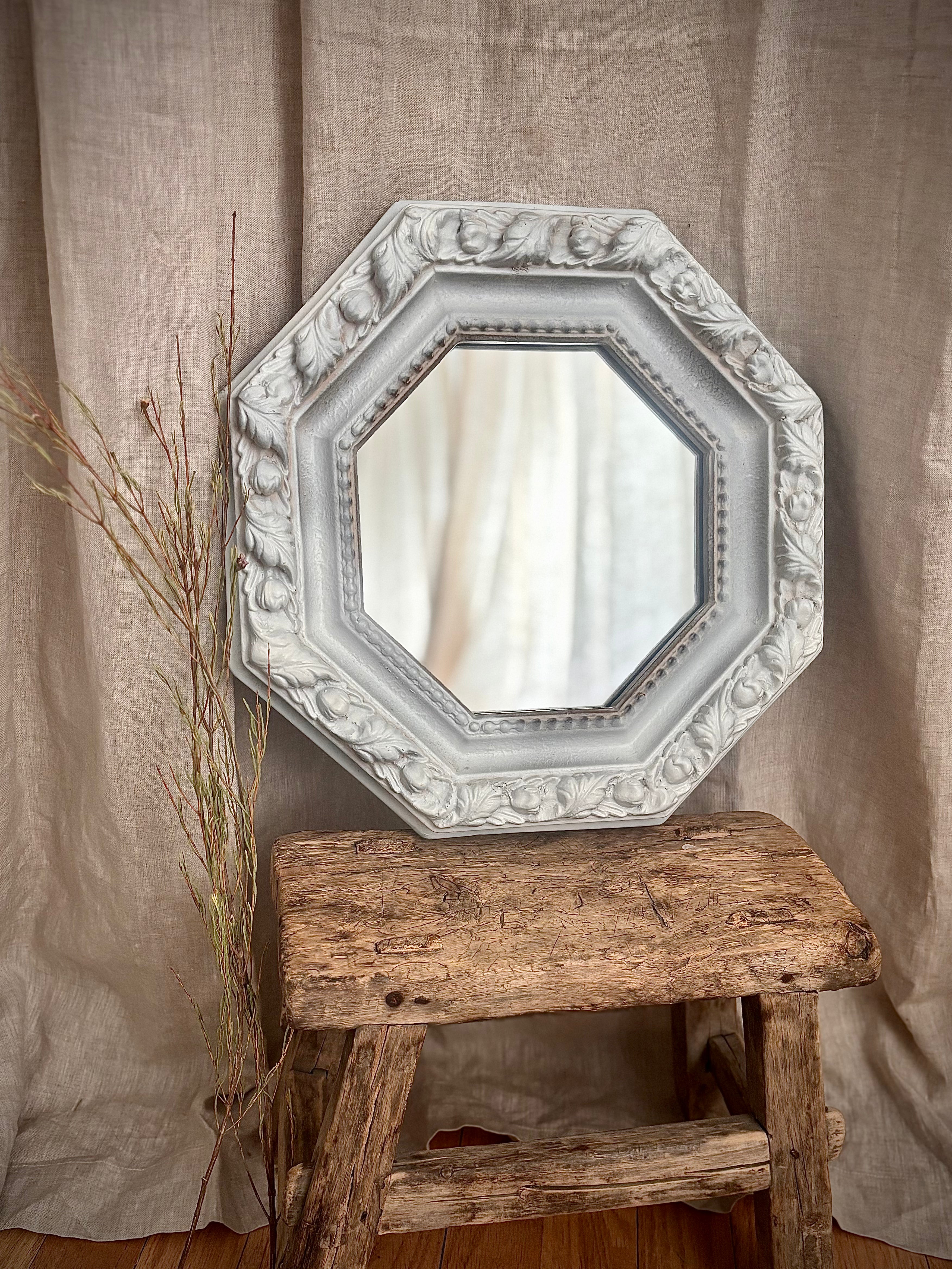 Vintage White Carved Octagonal Wall Mirror