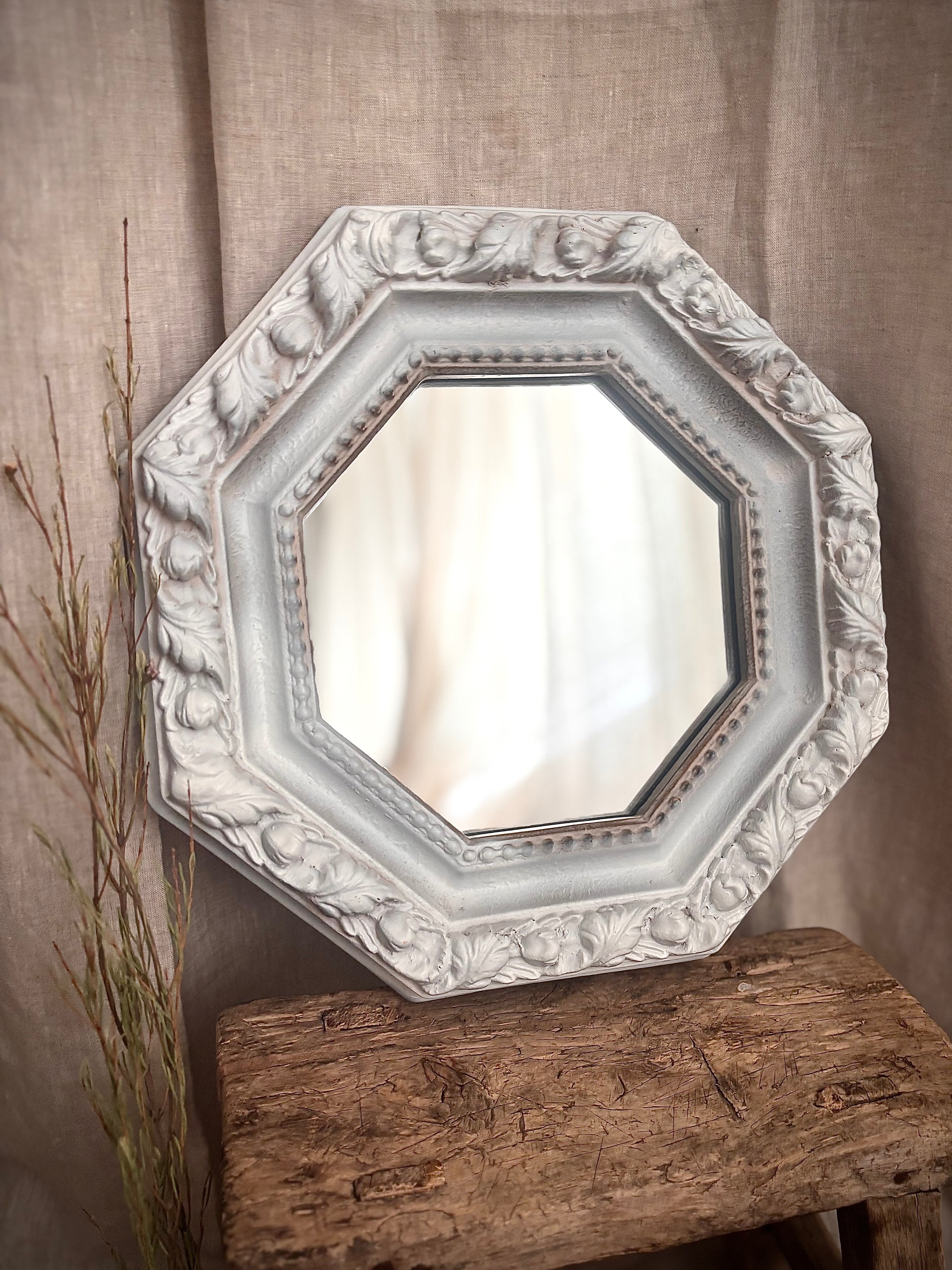 Vintage White Carved Octagonal Wall Mirror