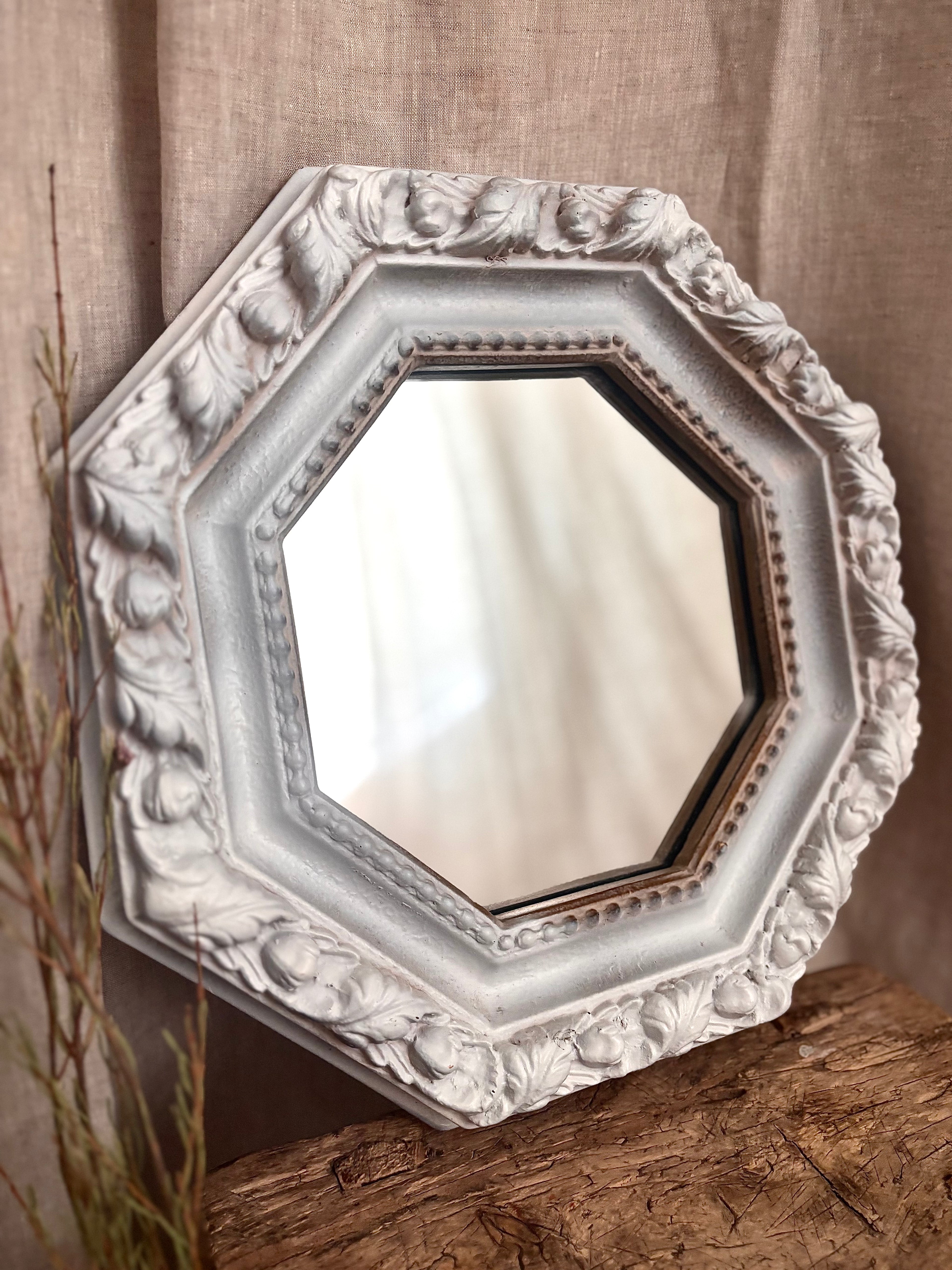 Vintage White Carved Octagonal Wall Mirror