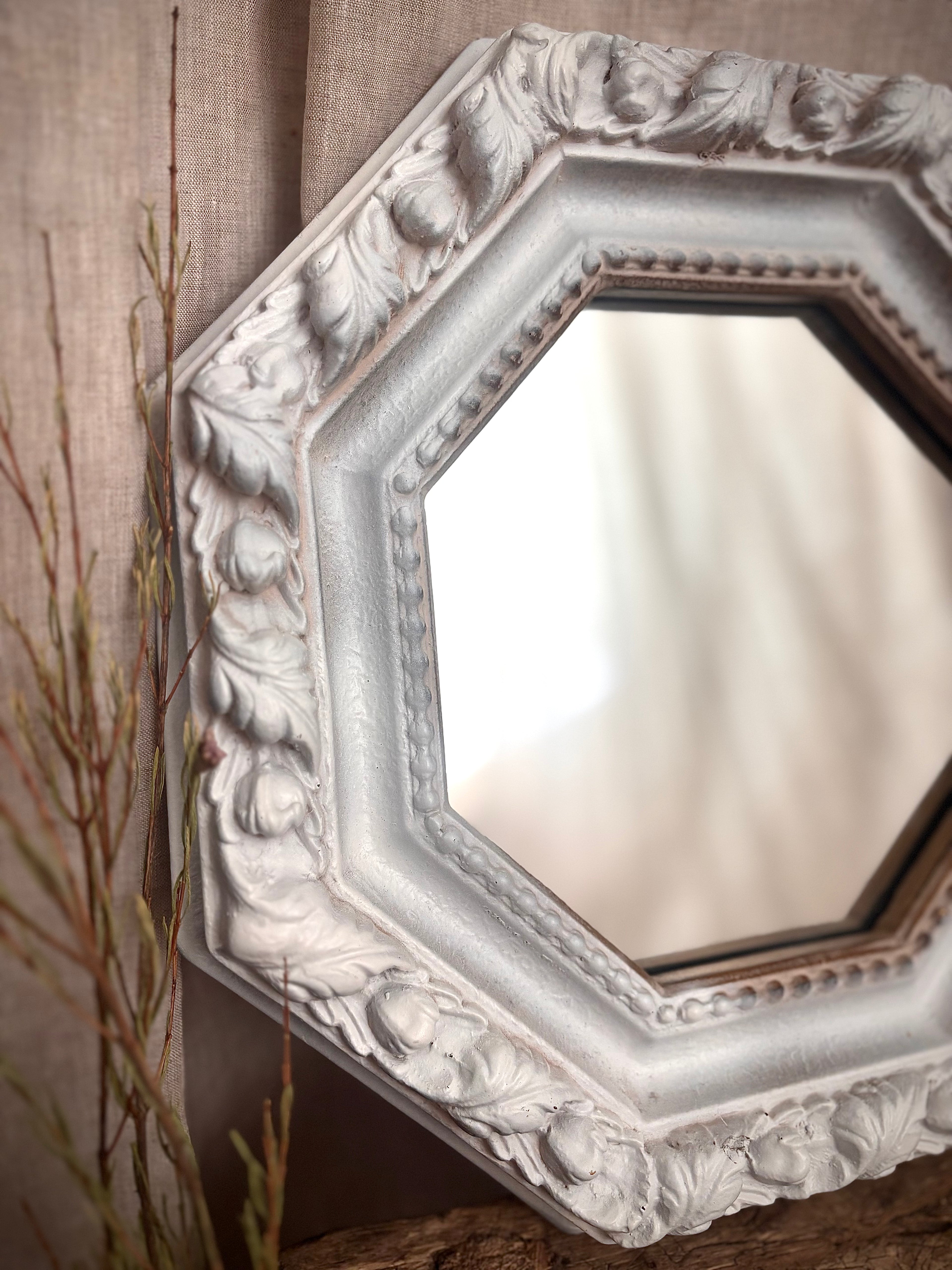 Vintage White Carved Octagonal Wall Mirror