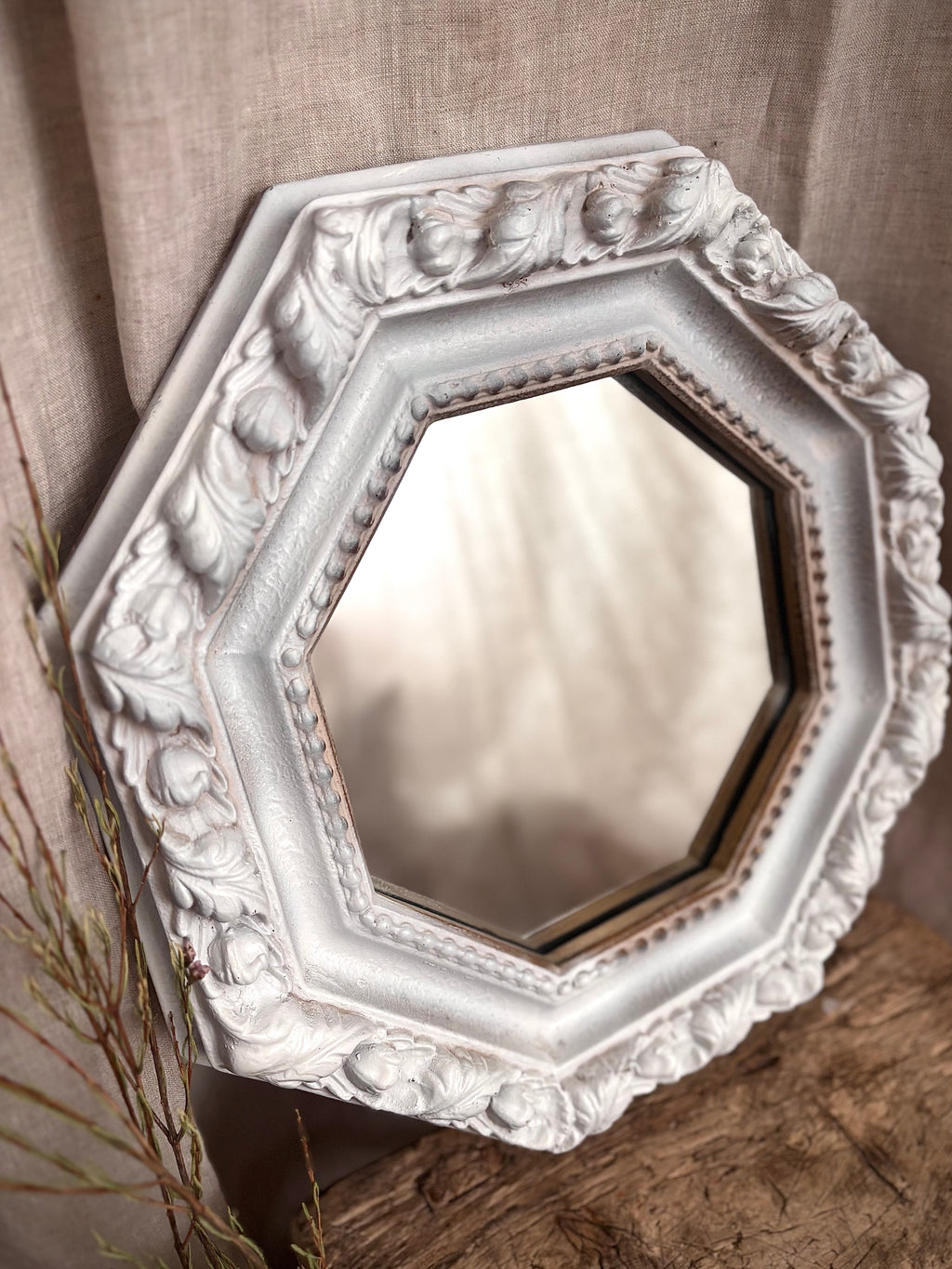 Vintage White Carved Octagonal Wall Mirror