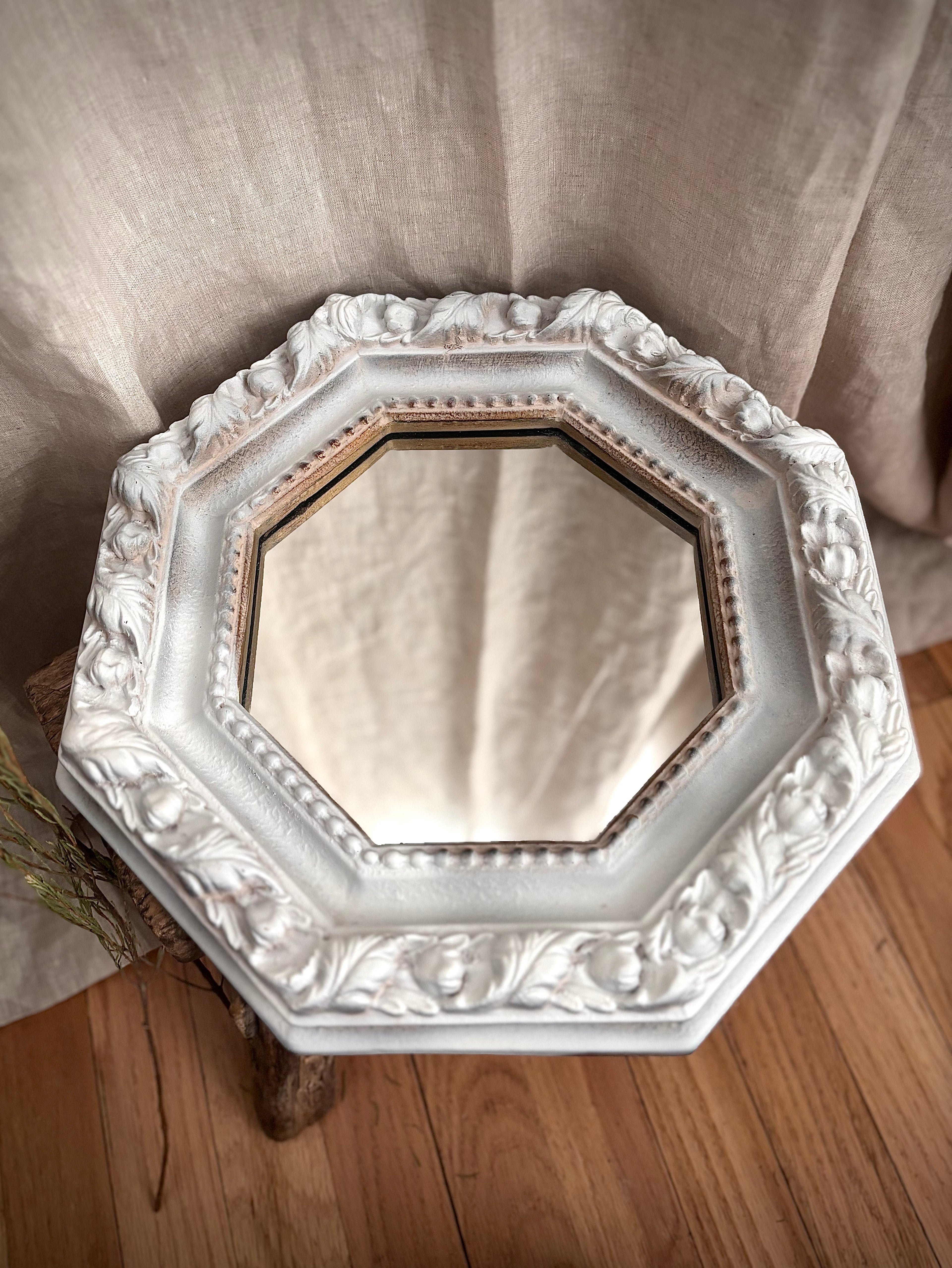 Vintage White Carved Octagonal Wall Mirror