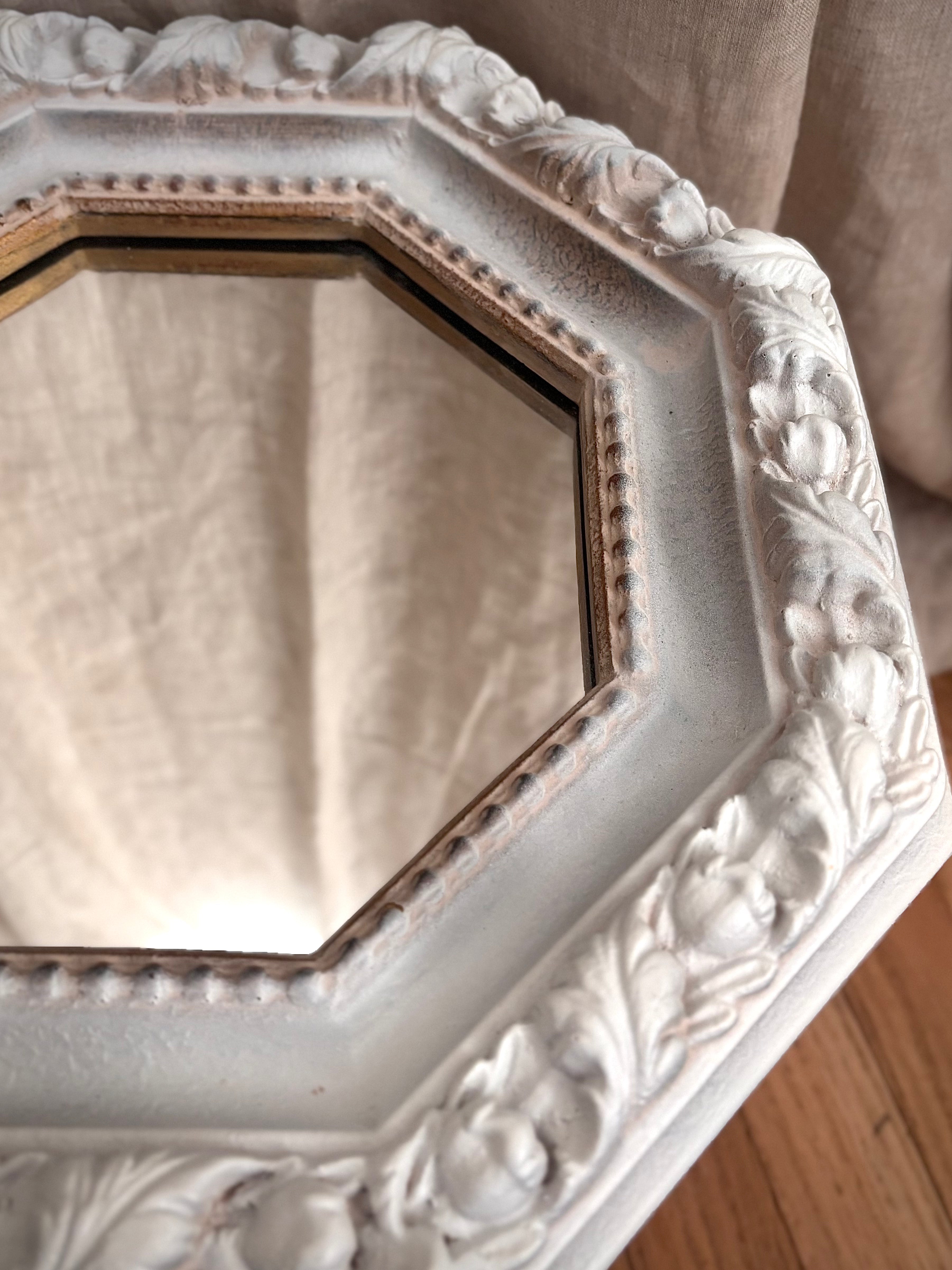 Vintage White Carved Octagonal Wall Mirror