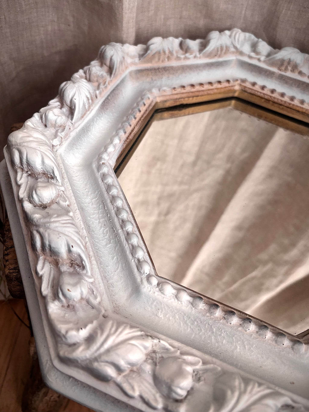 Vintage White Carved Octagonal Wall Mirror
