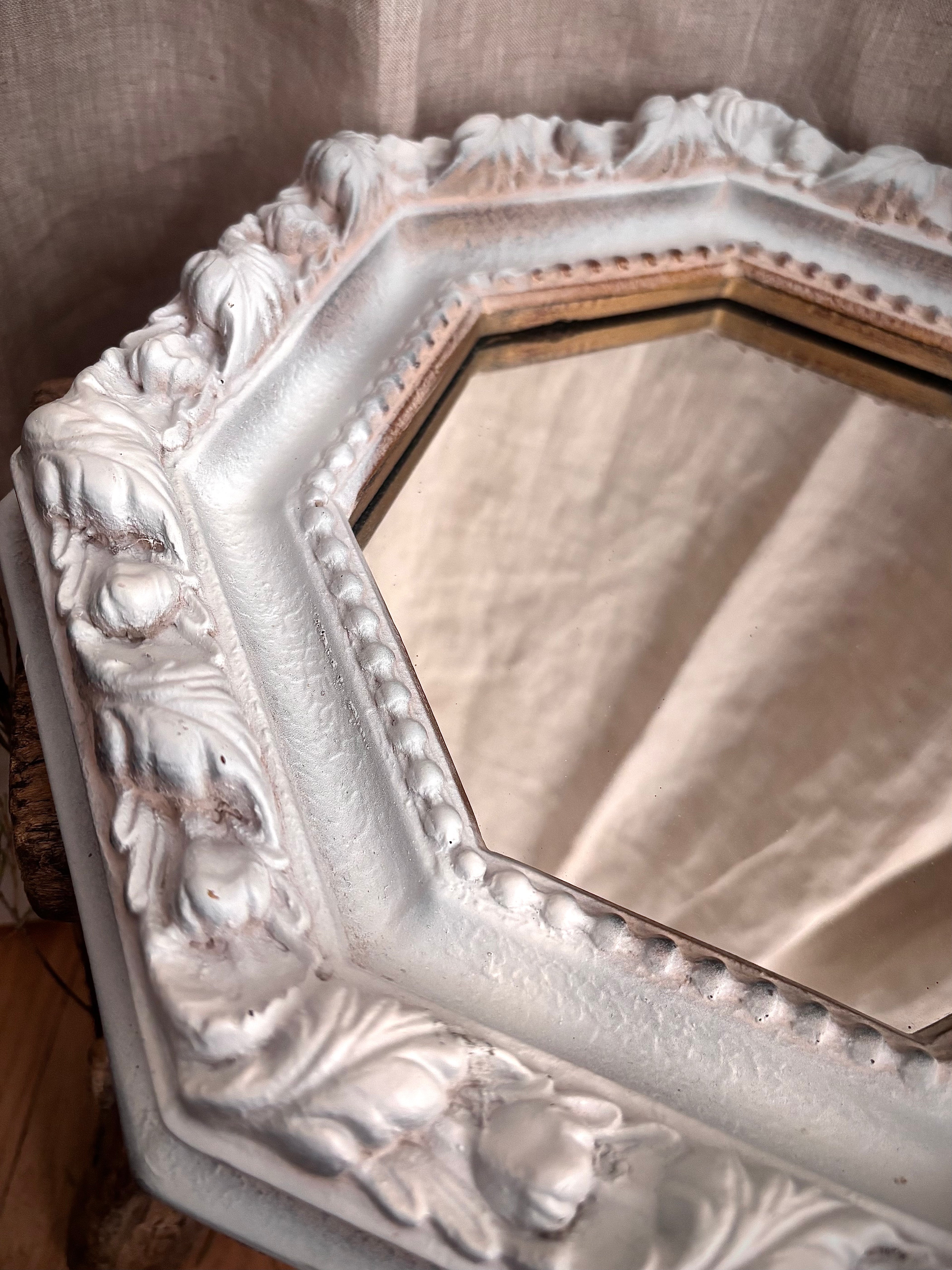 Vintage White Carved Octagonal Wall Mirror