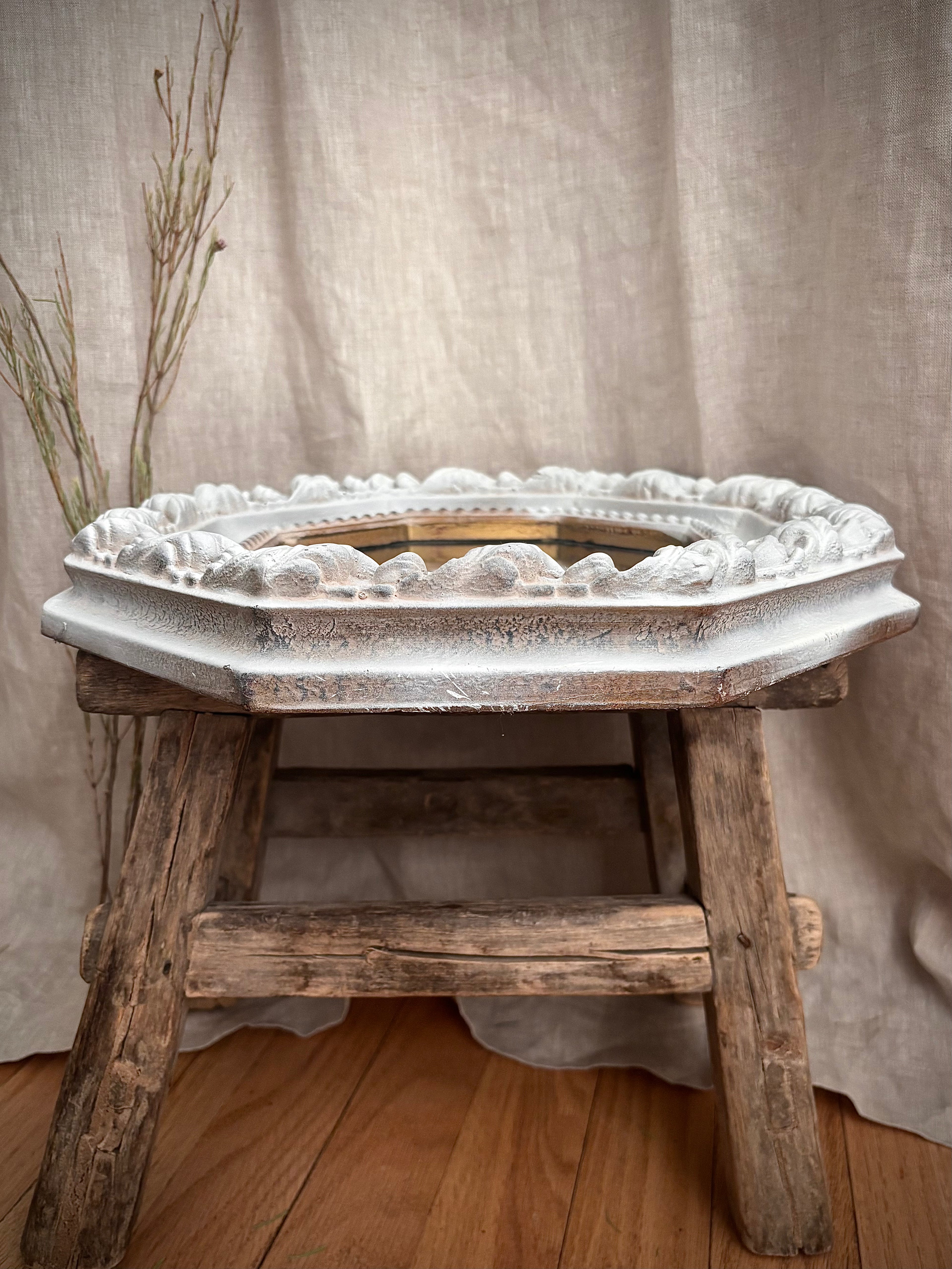 Vintage White Carved Octagonal Wall Mirror