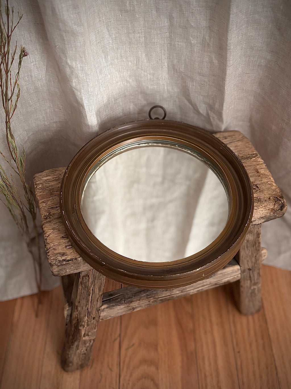 Vintage Round Wall Mirror with Brass Hanging Ring