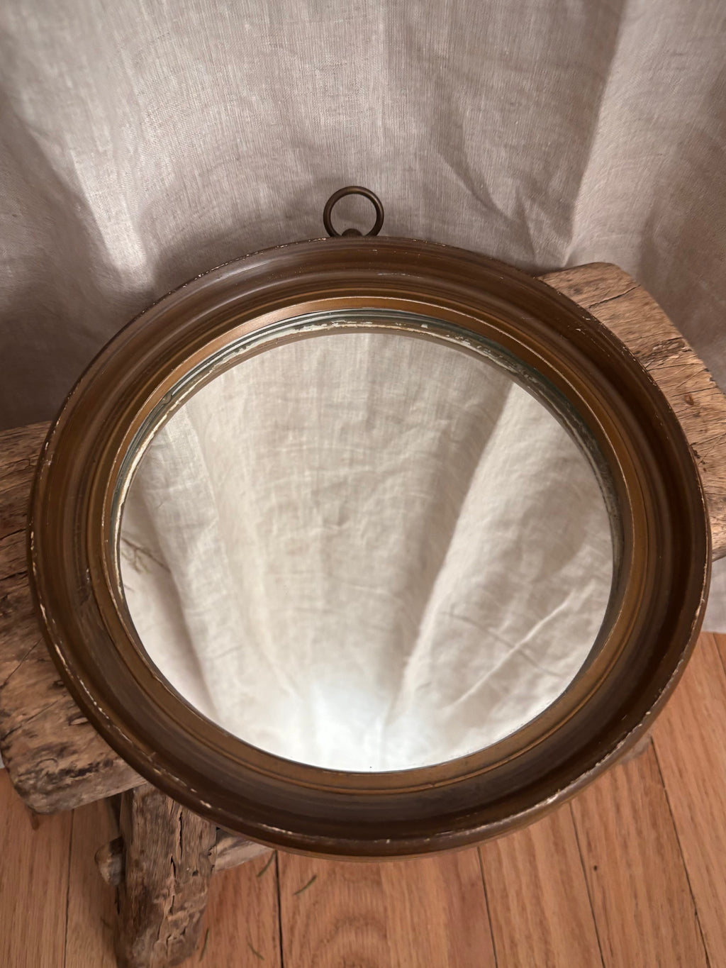 Vintage Round Wall Mirror with Brass Hanging Ring