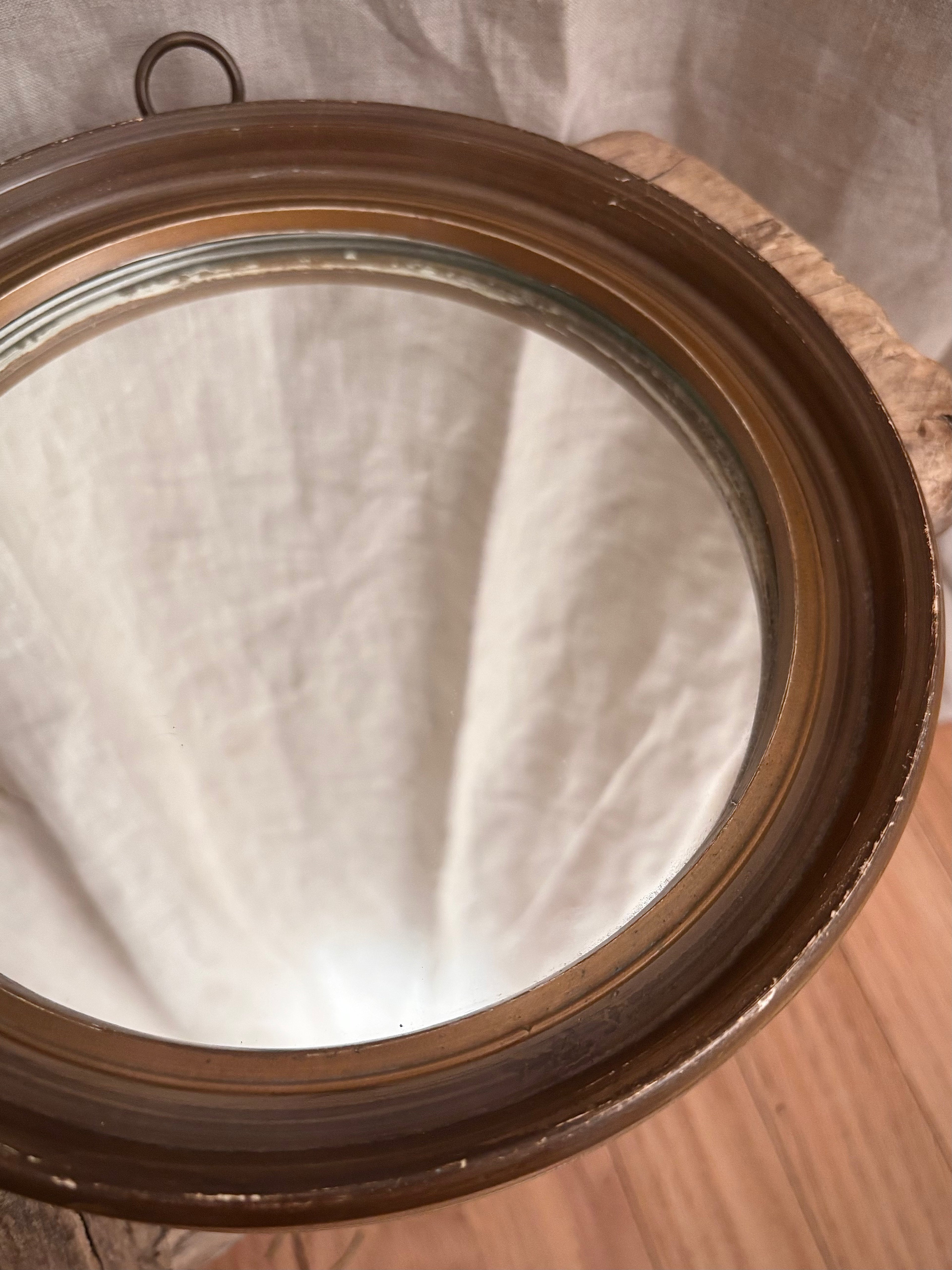 Vintage Round Wall Mirror with Brass Hanging Ring