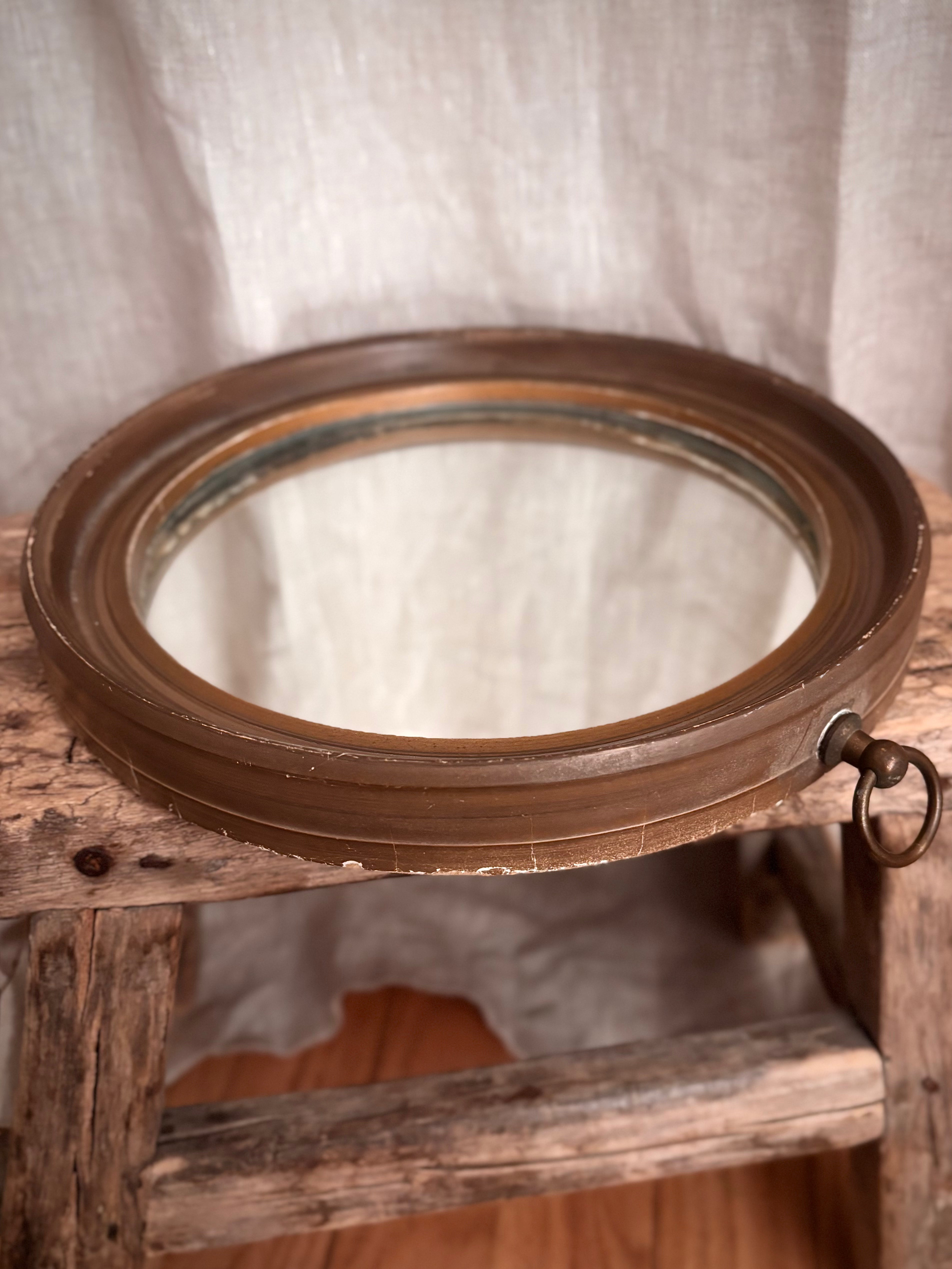 Vintage Round Wall Mirror with Brass Hanging Ring