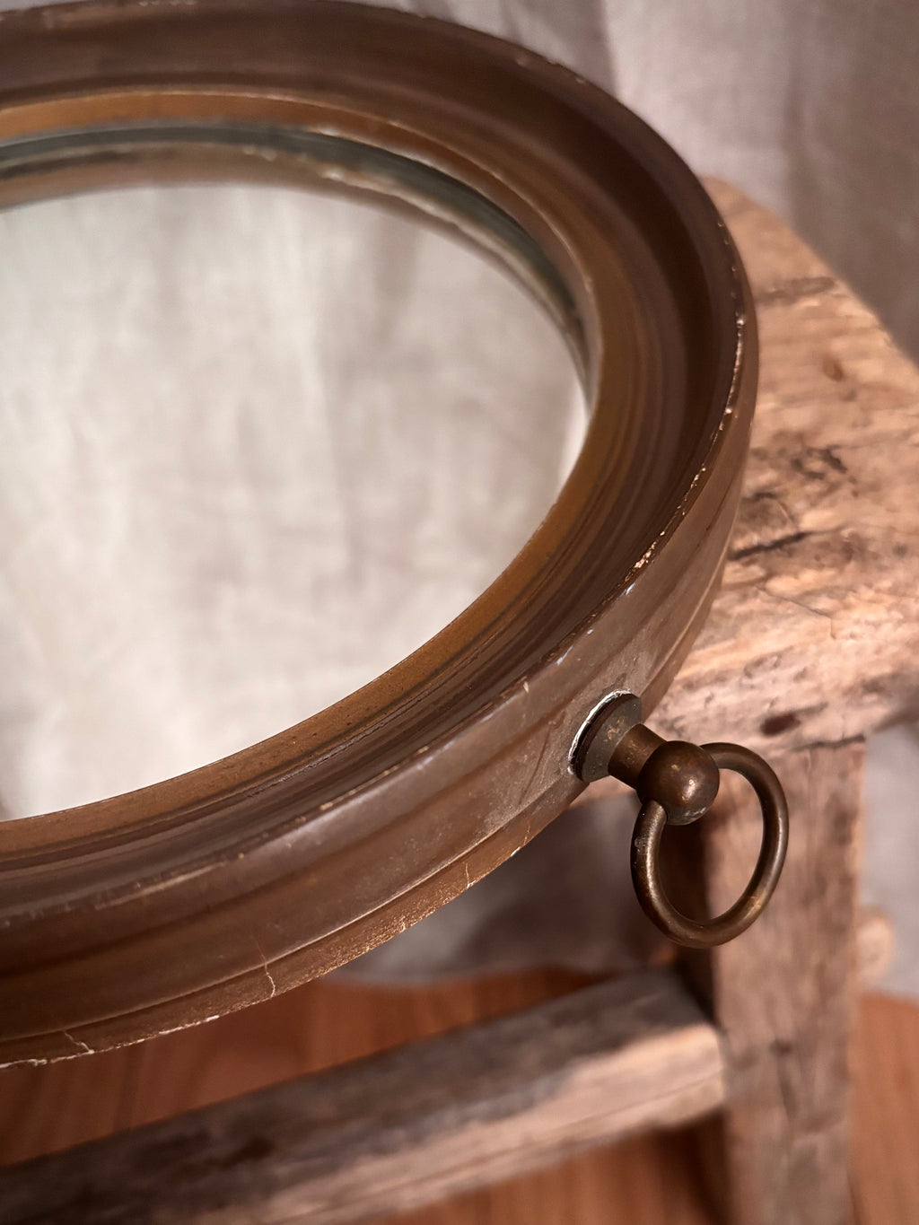 Vintage Round Wall Mirror with Brass Hanging Ring
