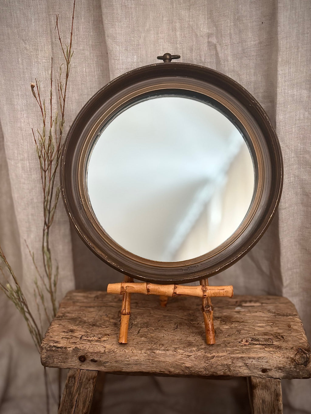 Vintage Round Wall Mirror with Brass Hanging Ring