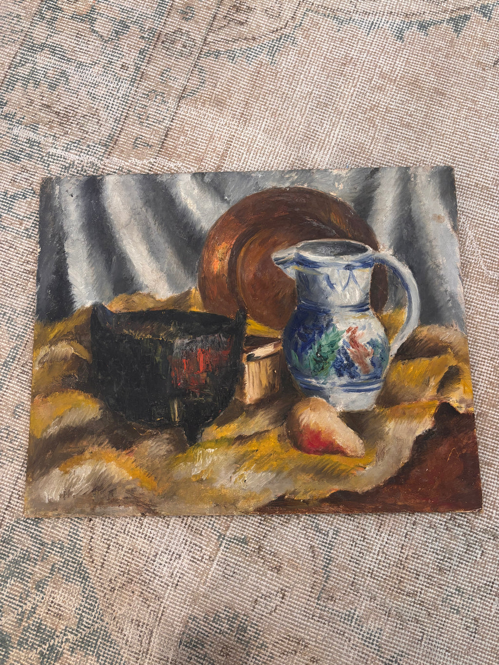 Antique Still Life Oil Painting on Canvas Board with Jug and Fruit