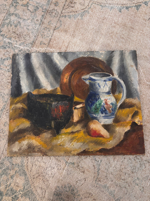 Antique Still Life Oil Painting on Canvas Board with Jug and Fruit