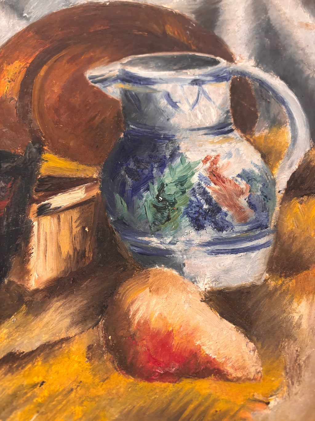 Antique Still Life Oil Painting on Canvas Board with Jug and Fruit