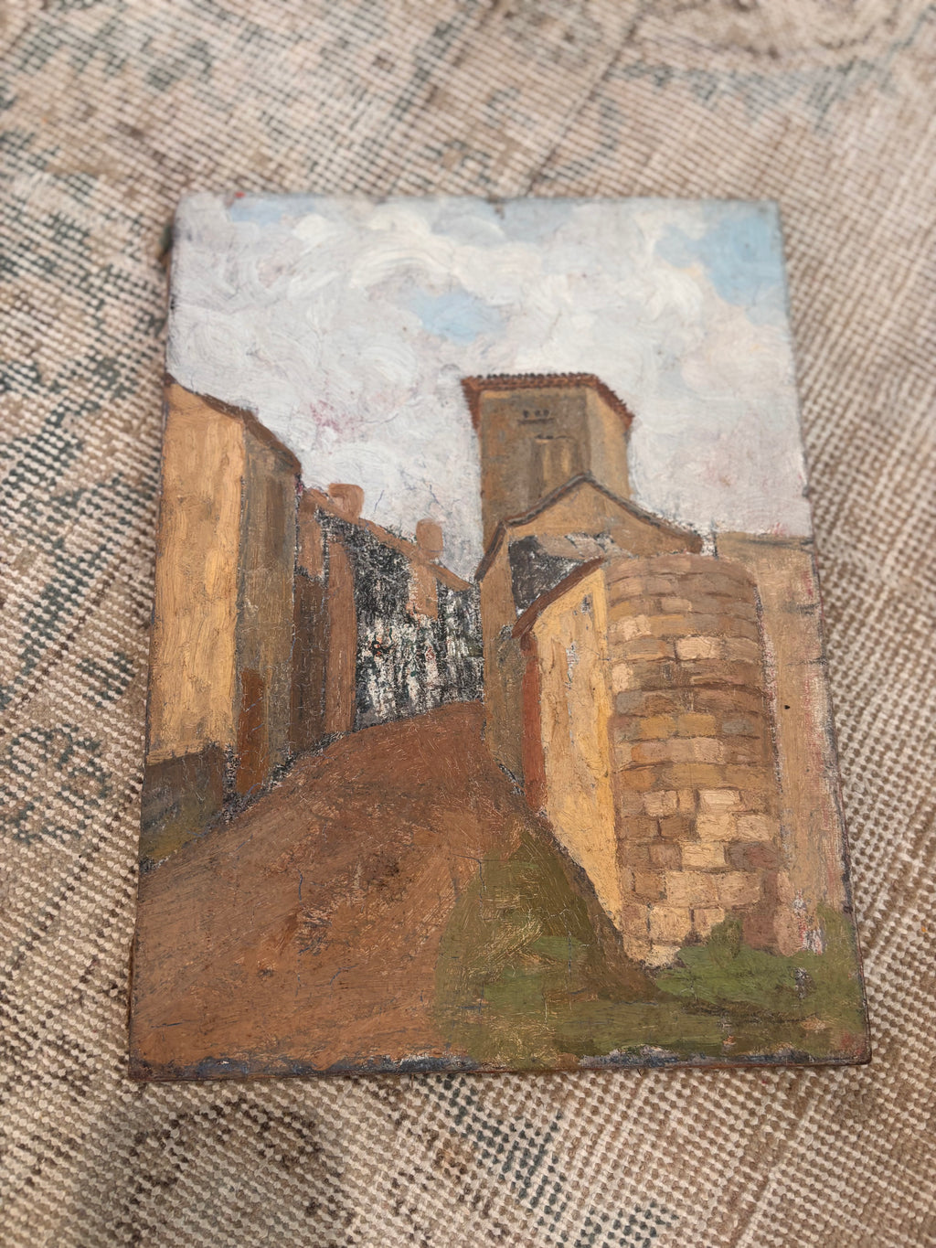 Antique Provincial European Village Scene Oil on Canvas