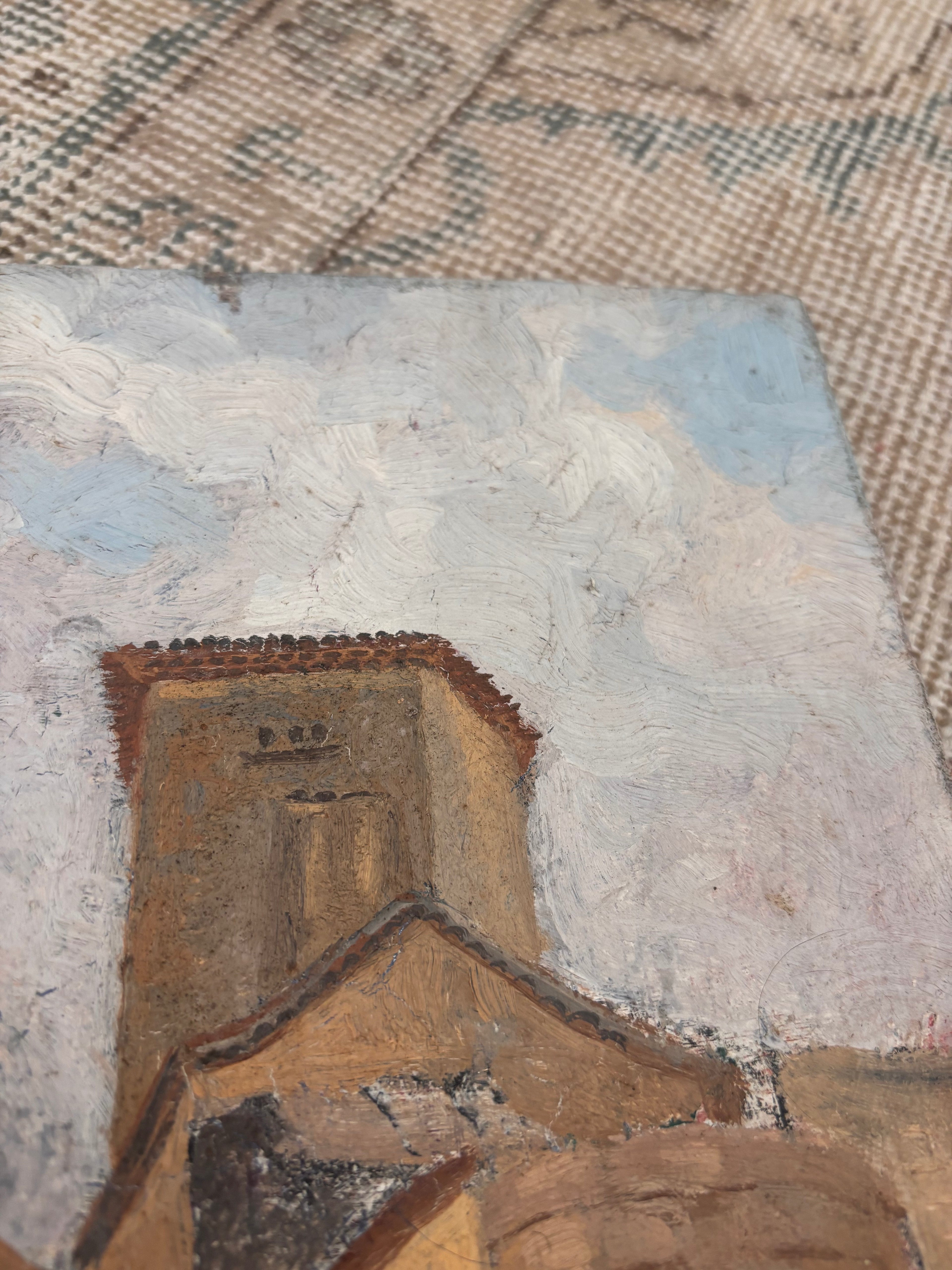 Antique Provincial European Village Scene Oil on Canvas