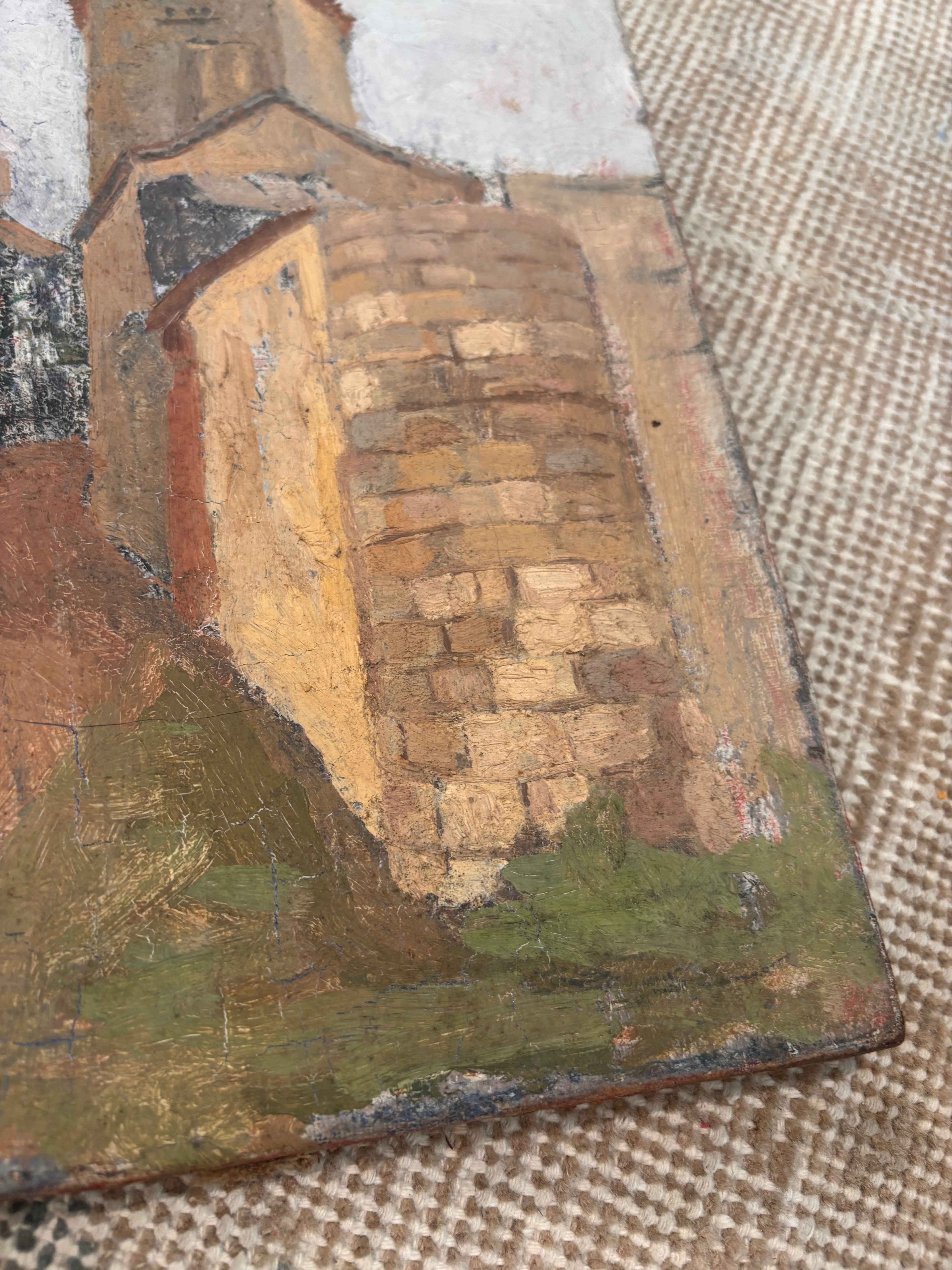 Antique Provincial European Village Scene Oil on Canvas