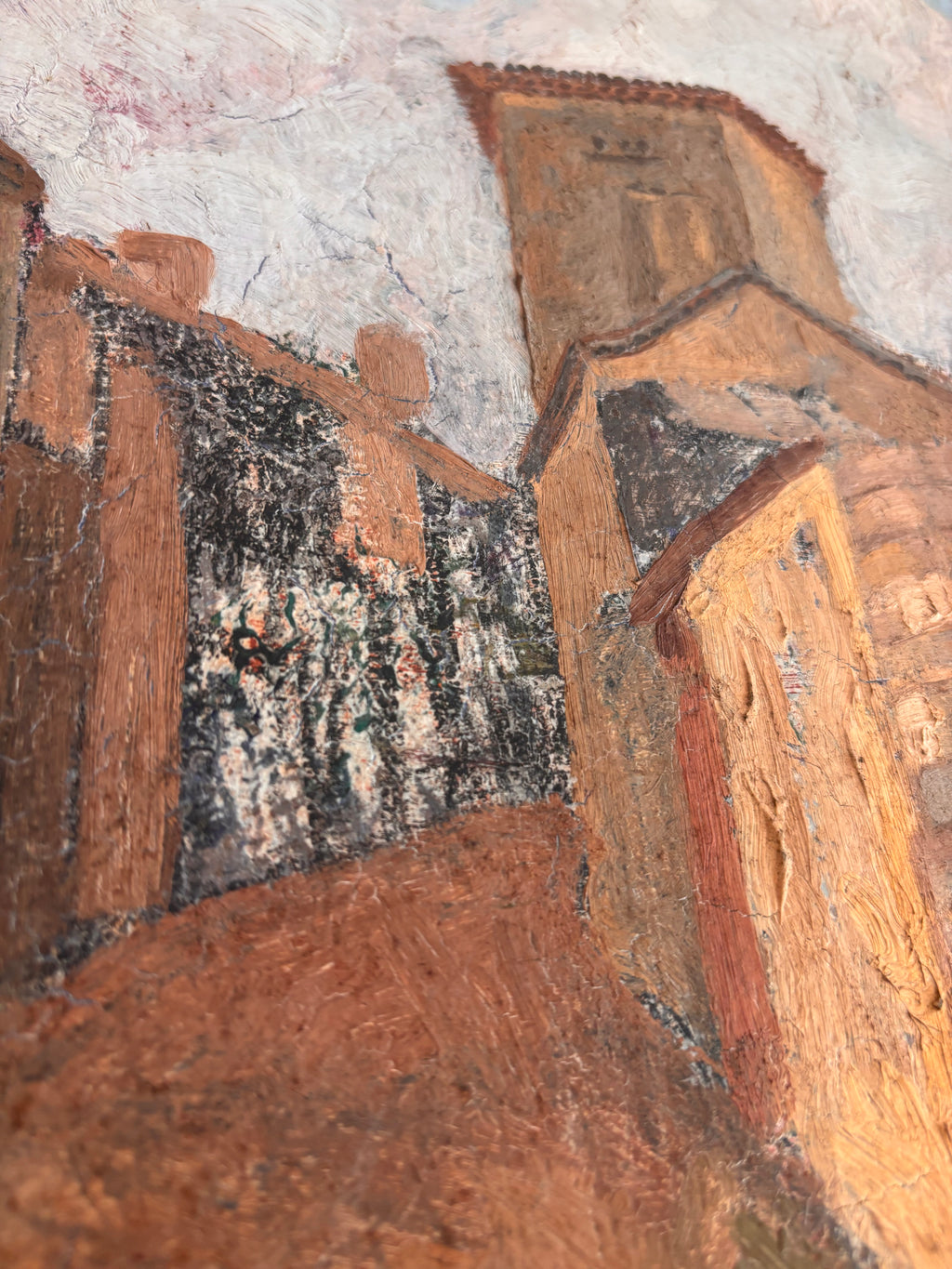 Antique Provincial European Village Scene Oil on Canvas