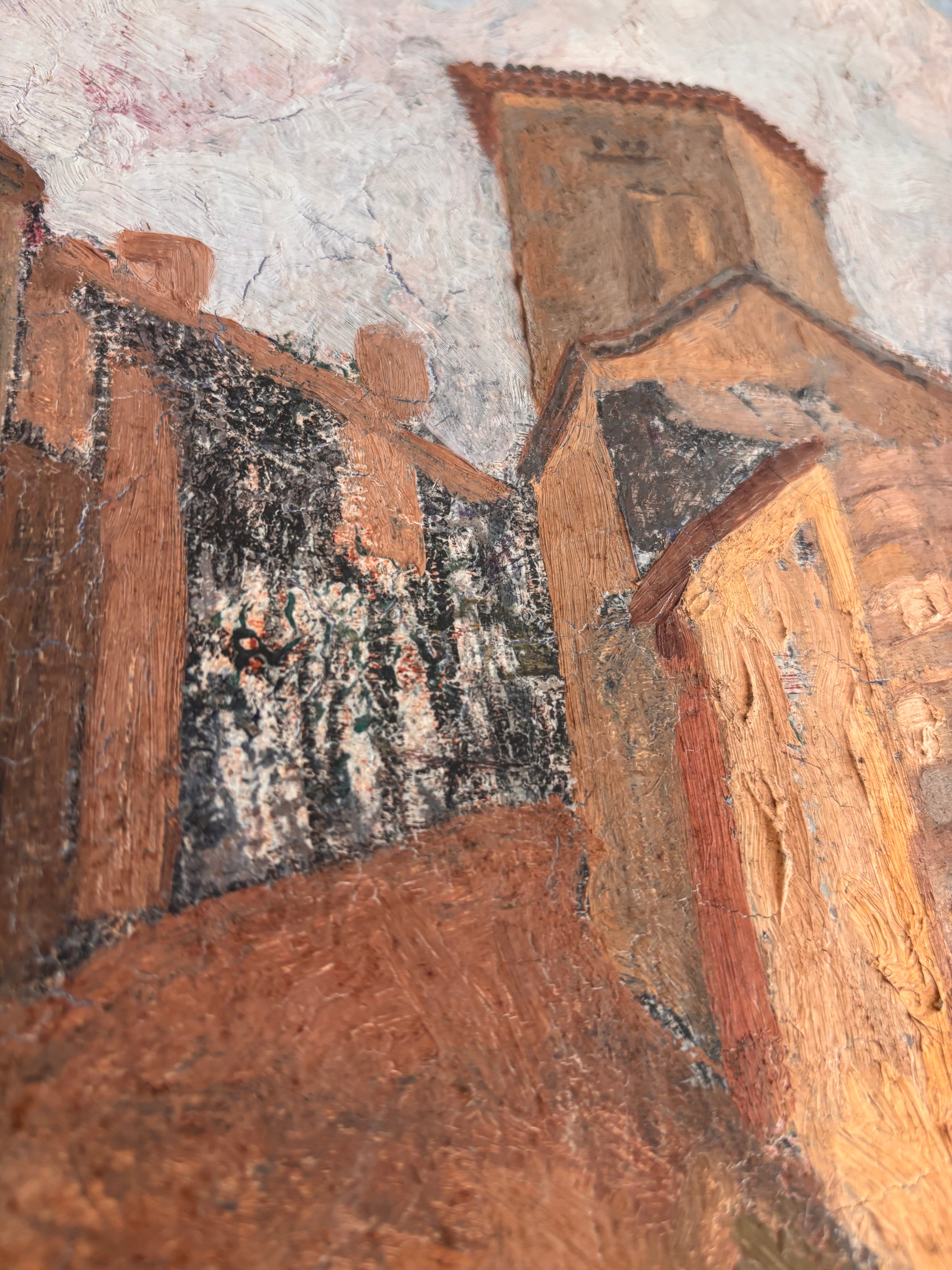 Antique Provincial European Village Scene Oil on Canvas