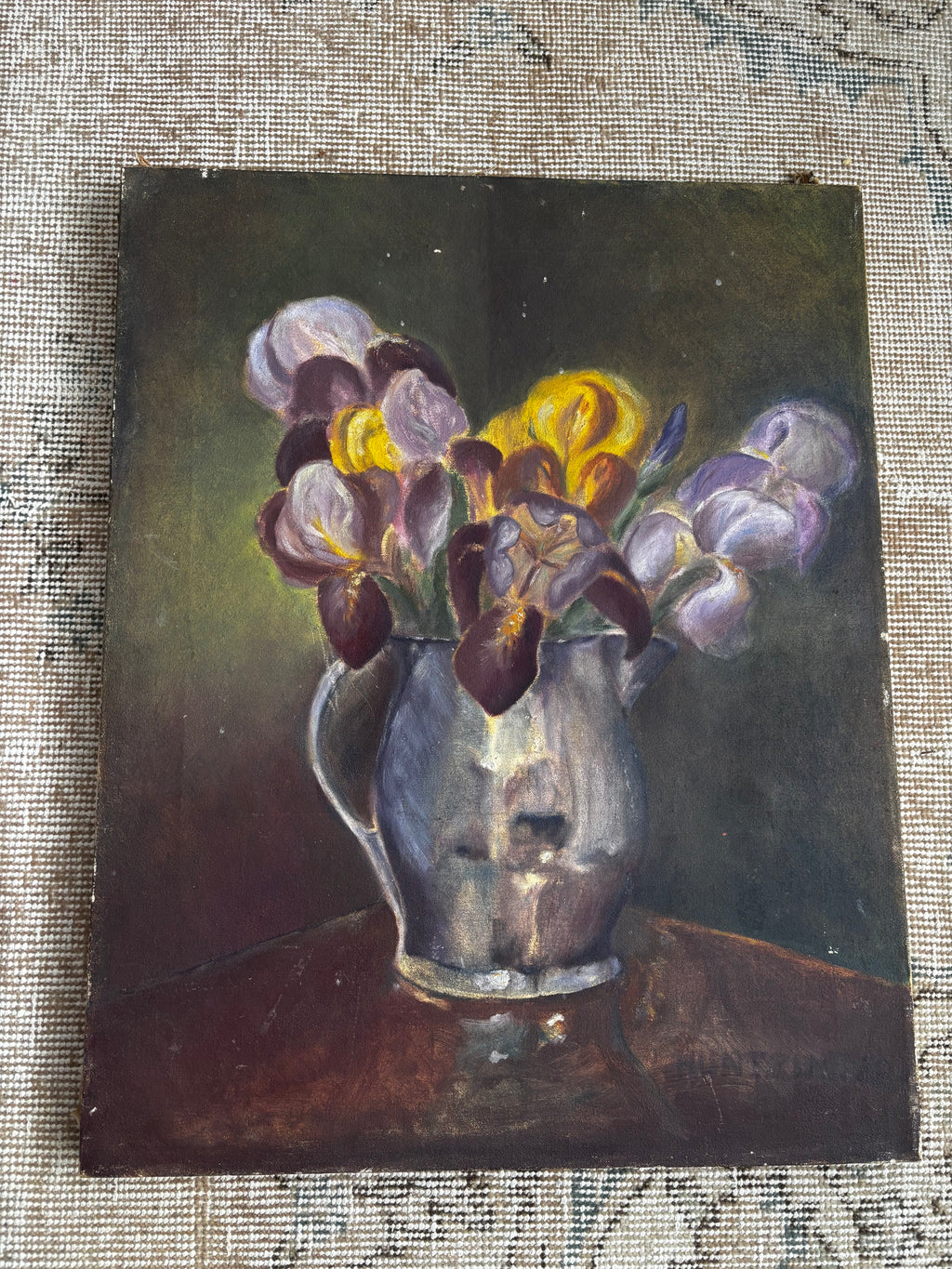 Vintage Iris Still Life Oil Painting