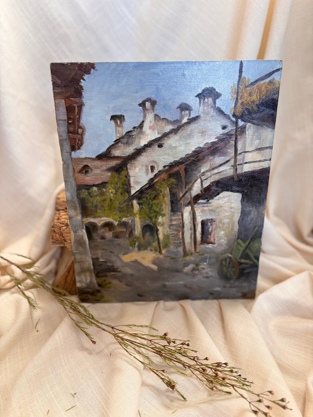 Vintage Swiss Village Oil Painting, Losone