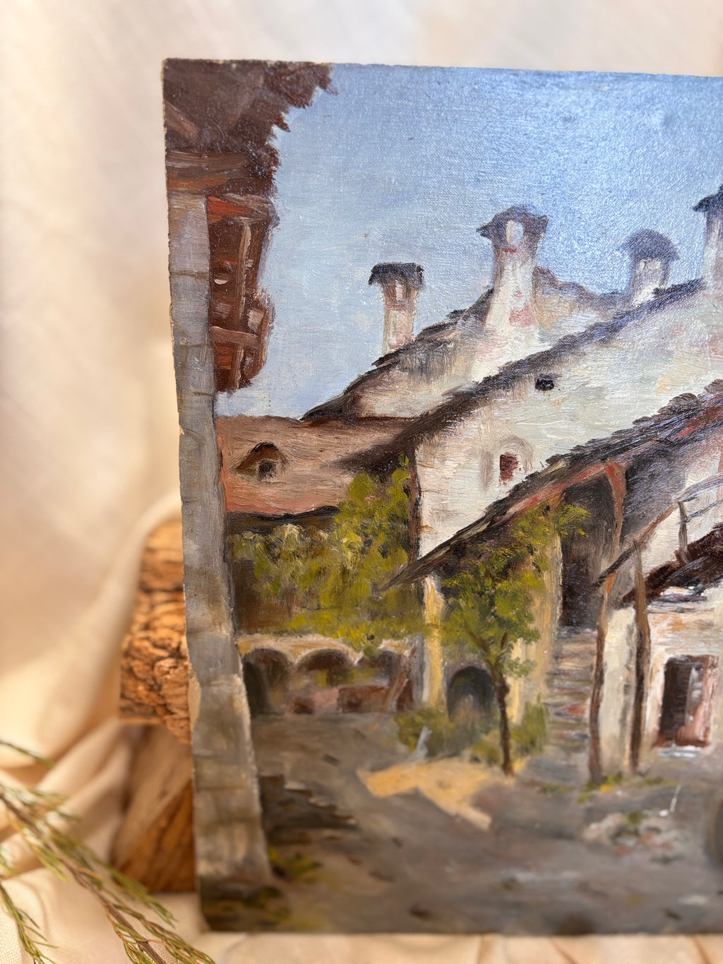 Vintage Swiss Village Oil Painting, Losone