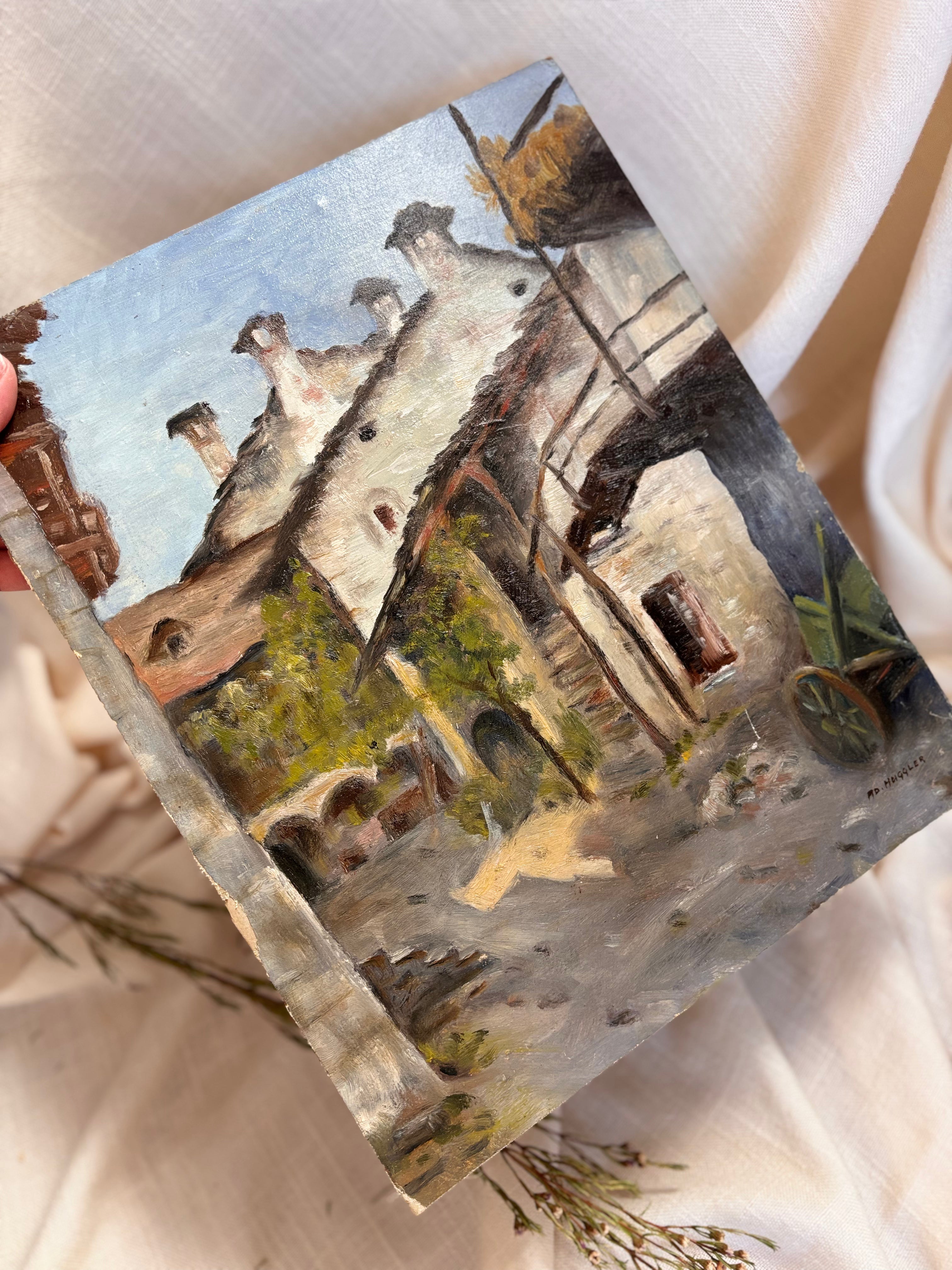 Vintage Swiss Village Oil Painting, Losone