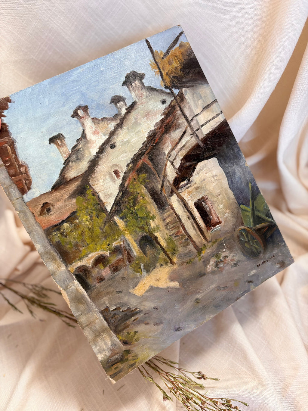 Vintage Swiss Village Oil Painting, Losone
